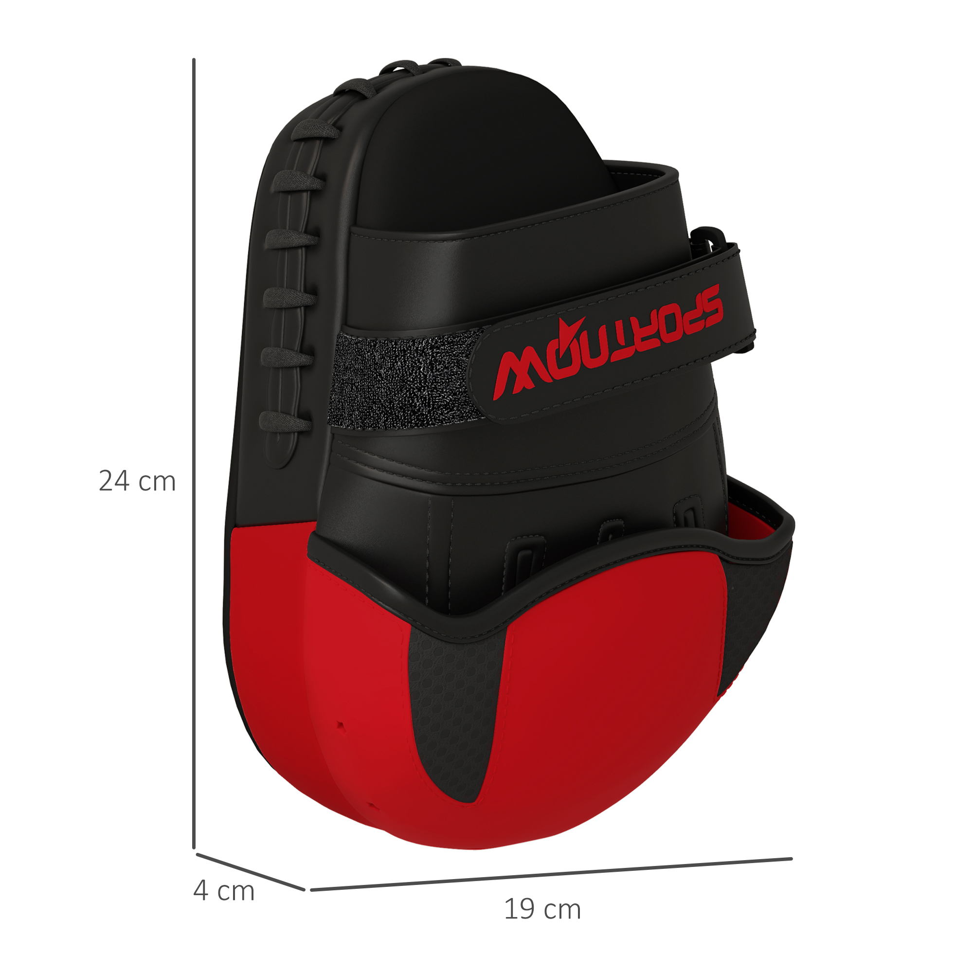 Guantes de enfoque rojos y negros con dimensiones de 24 cm x 19 cm x 4 cm.