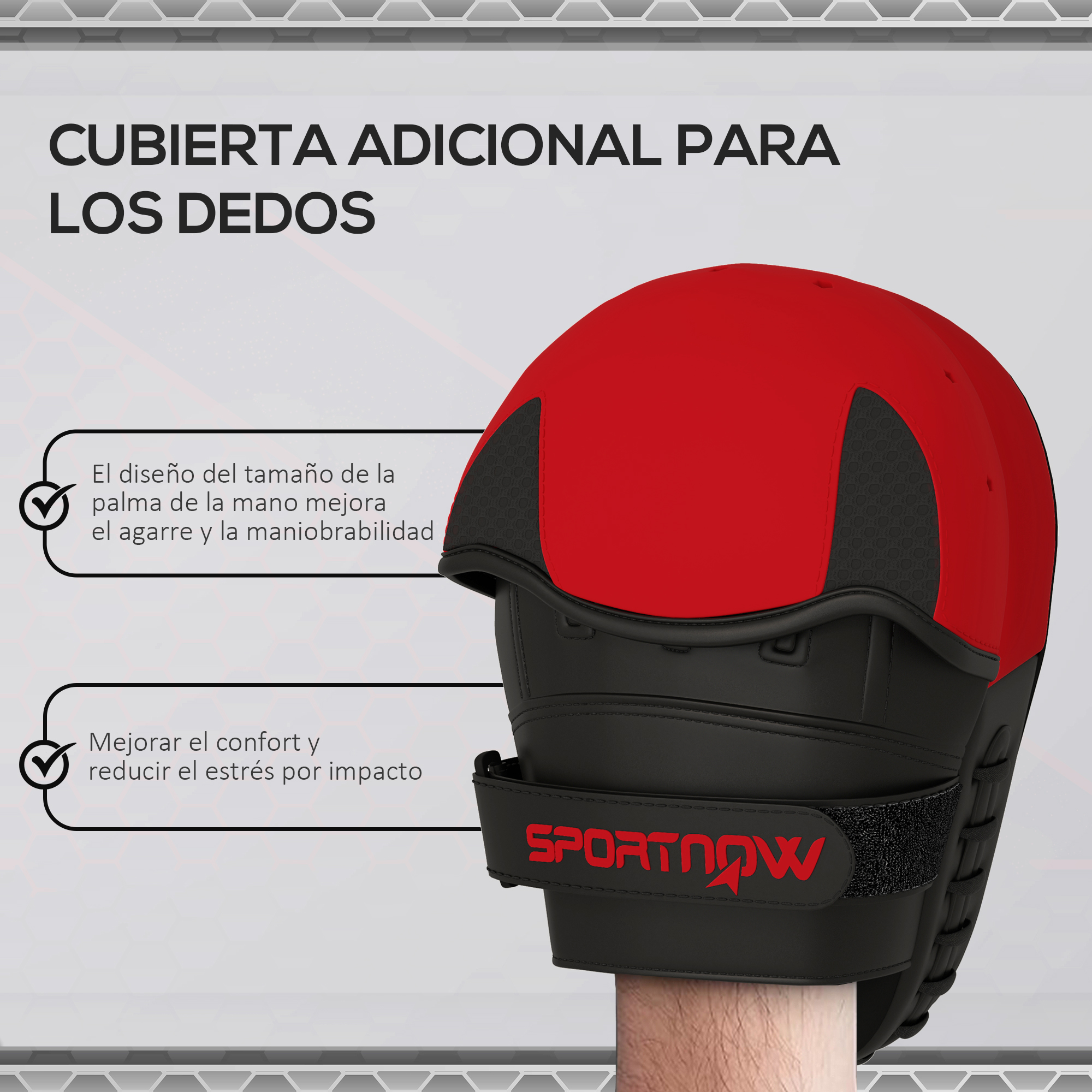 Un protector de mano de boxeo rojo y negro con texto en español.