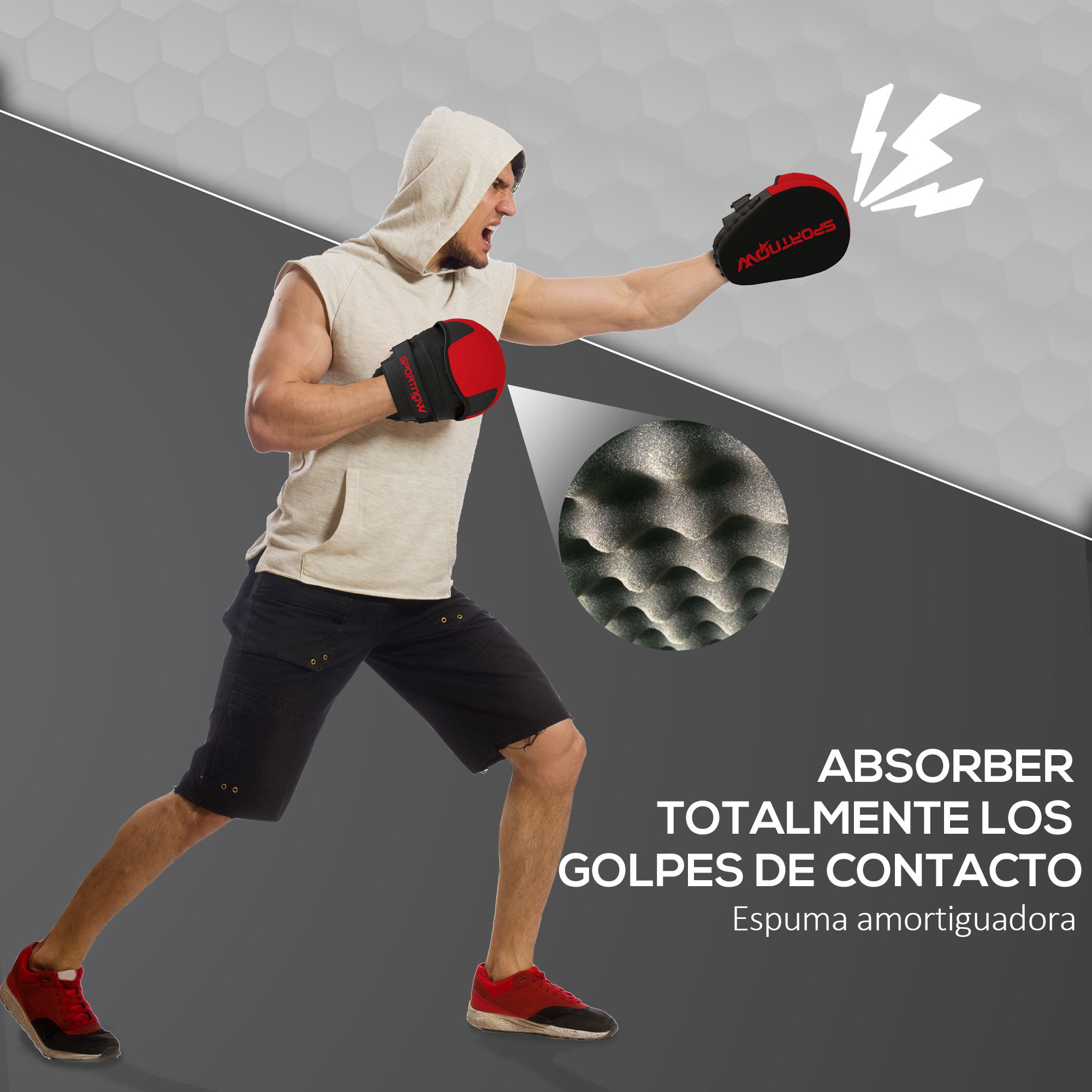 Un hombre con guantes practica boxeo. El texto dice: 'Absorbe totalmente los golpes de contacto'.