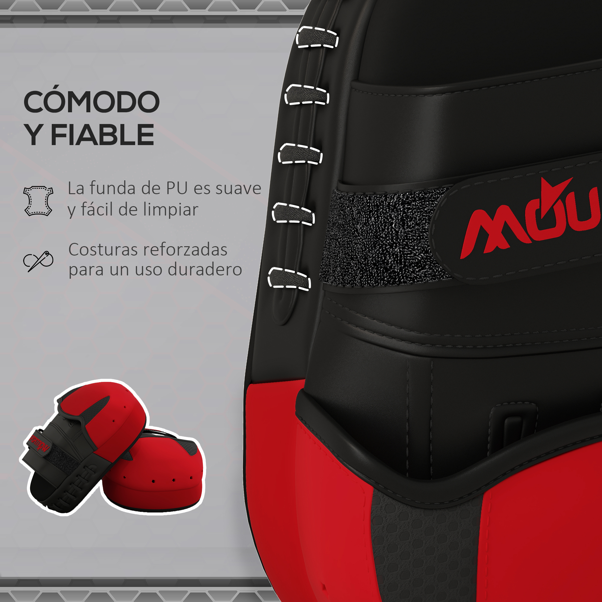 Guantes de boxeo rojos y negros con texto: Cómodo y fiable. Cubierta de PU y costuras reforzadas.