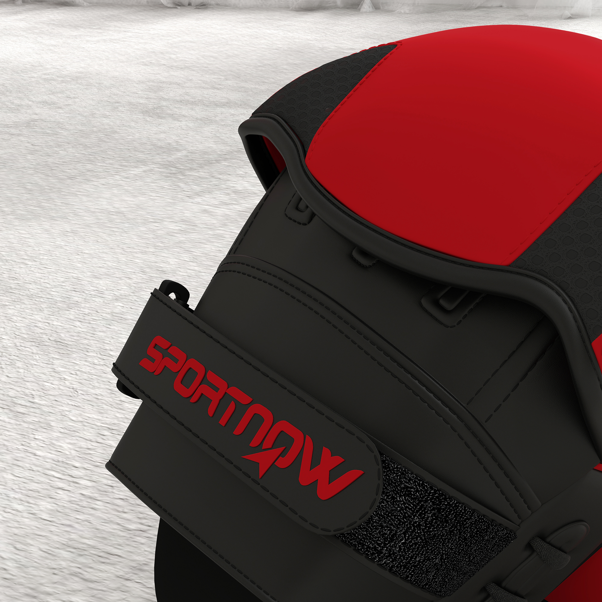 Un guante de boxeo rojo y negro con las palabras SPORTNOW en rojo.