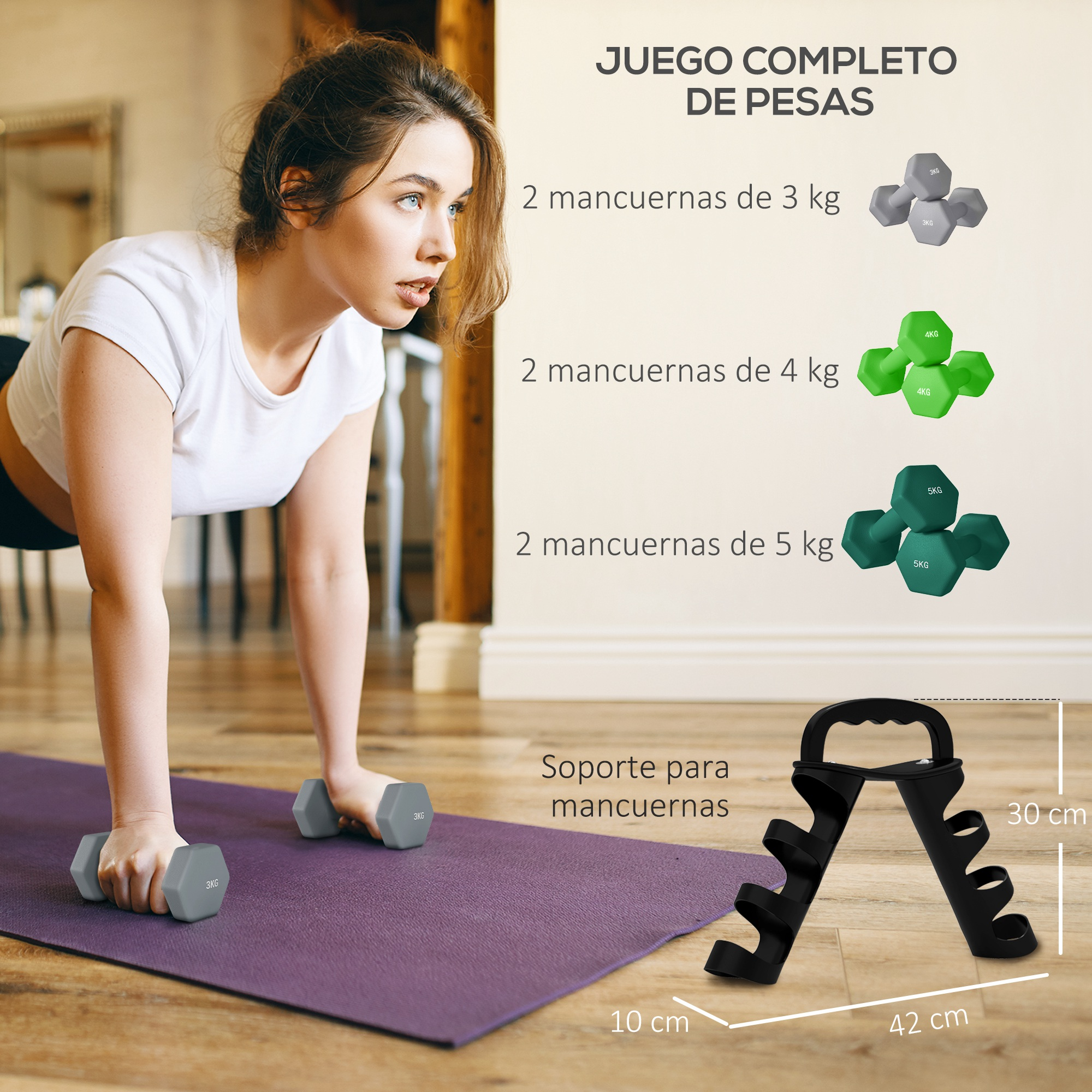 Mujer ejercitándose con mancuernas sobre una esterilla morada; juego de pesas y soporte de almacenamiento.