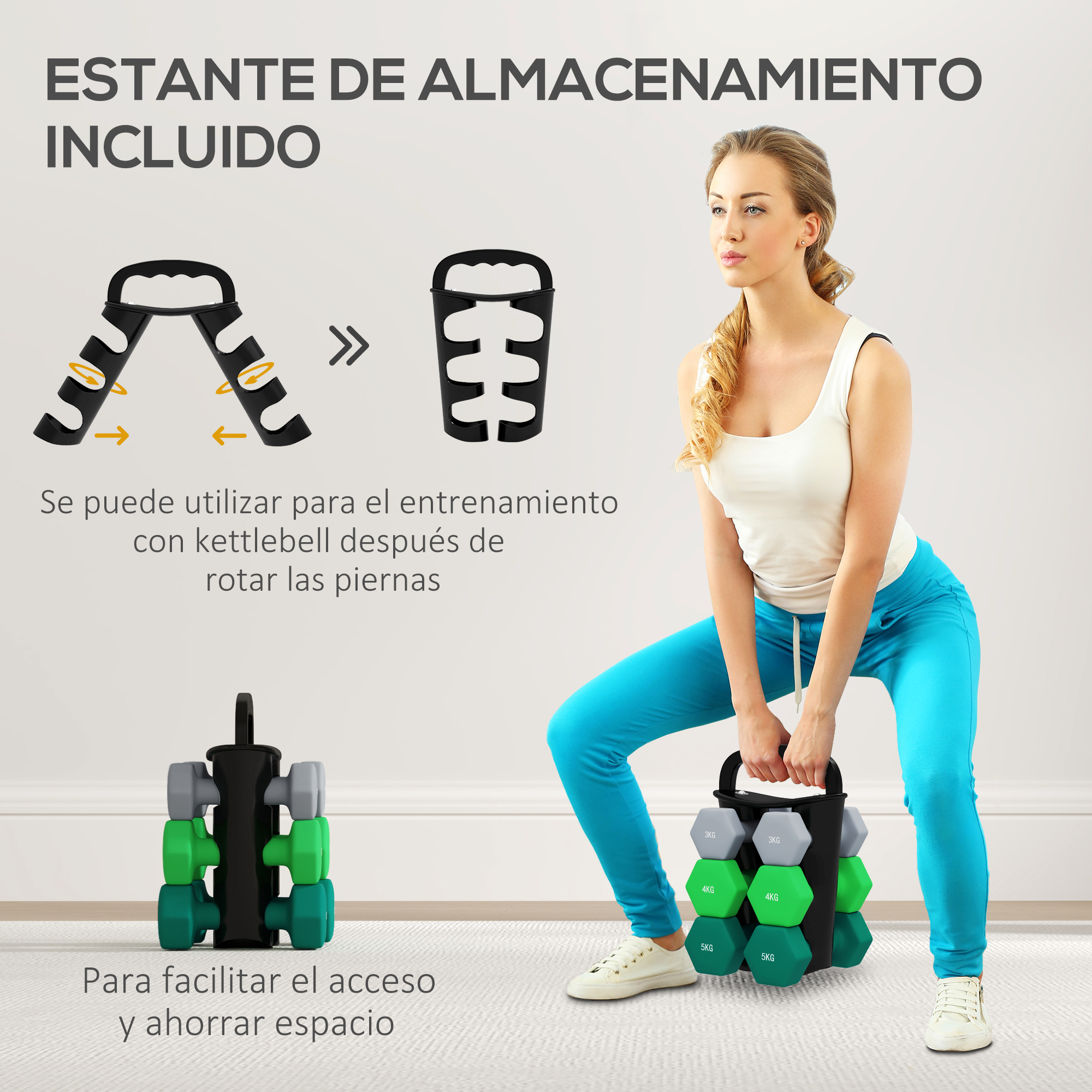 Mujer sosteniendo pesas, equipo de gimnasio con pesas en el fondo.