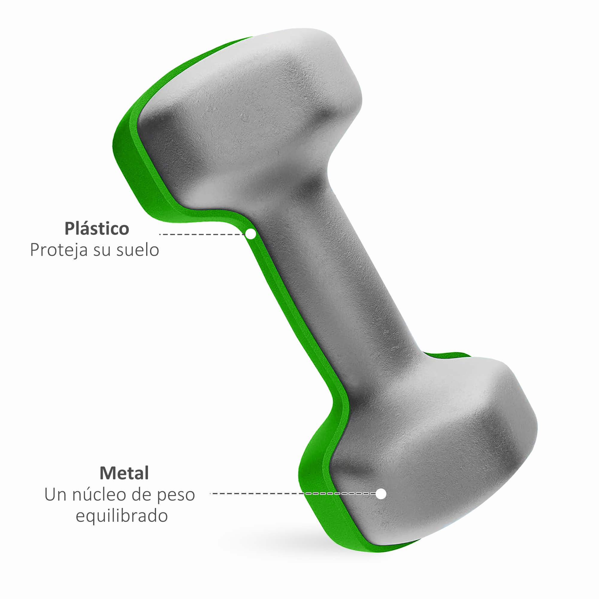 Una mancuerna gris con bordes verdes. Las etiquetas indican el material: plástico y metal. El fondo es blanco.