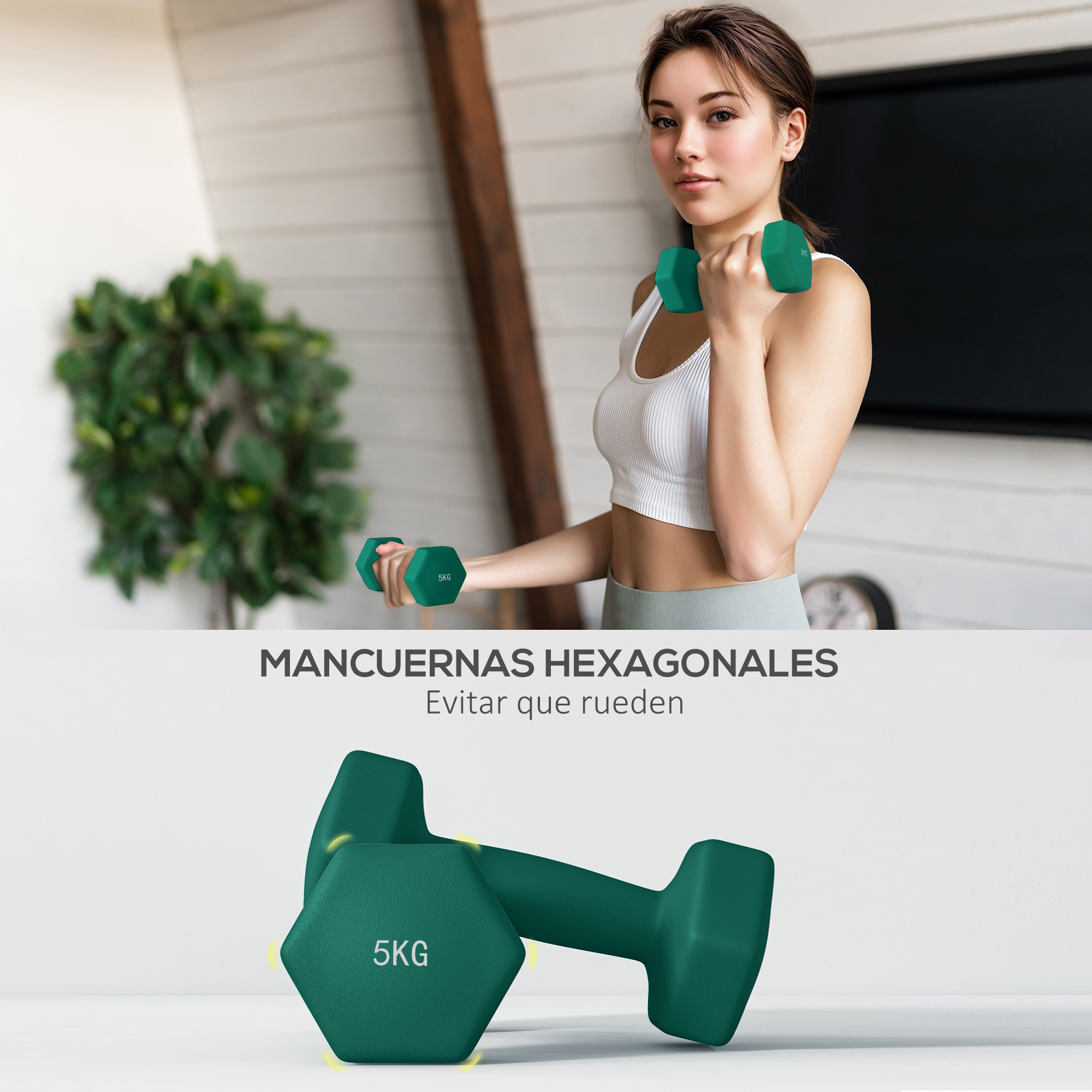 Una mujer sosteniendo mancuernas hexagonales verdes. Las mancuernas están marcadas con "5KG".
