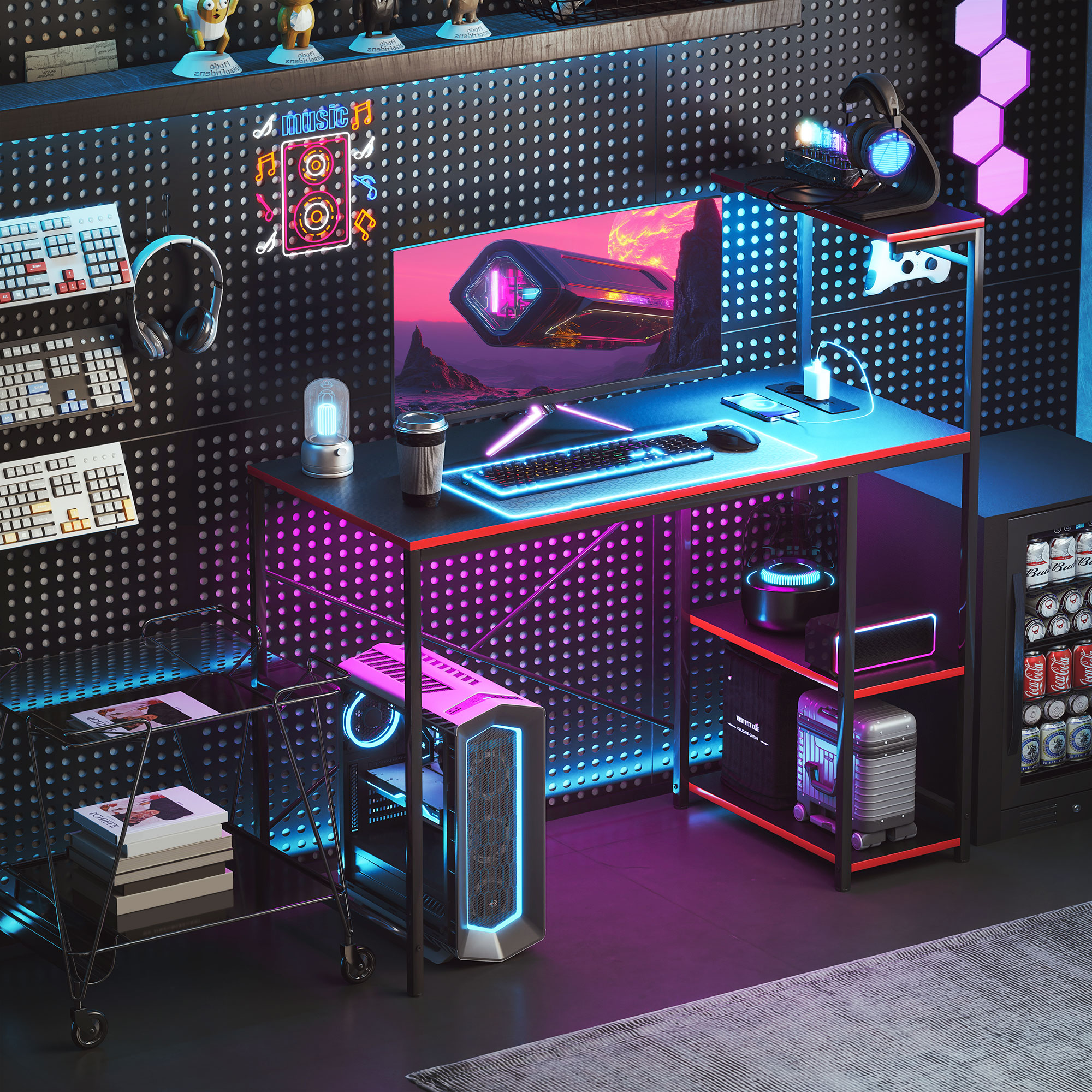 Configuración de juego con escritorio, ordenador, monitor, altavoces e iluminación de neón.