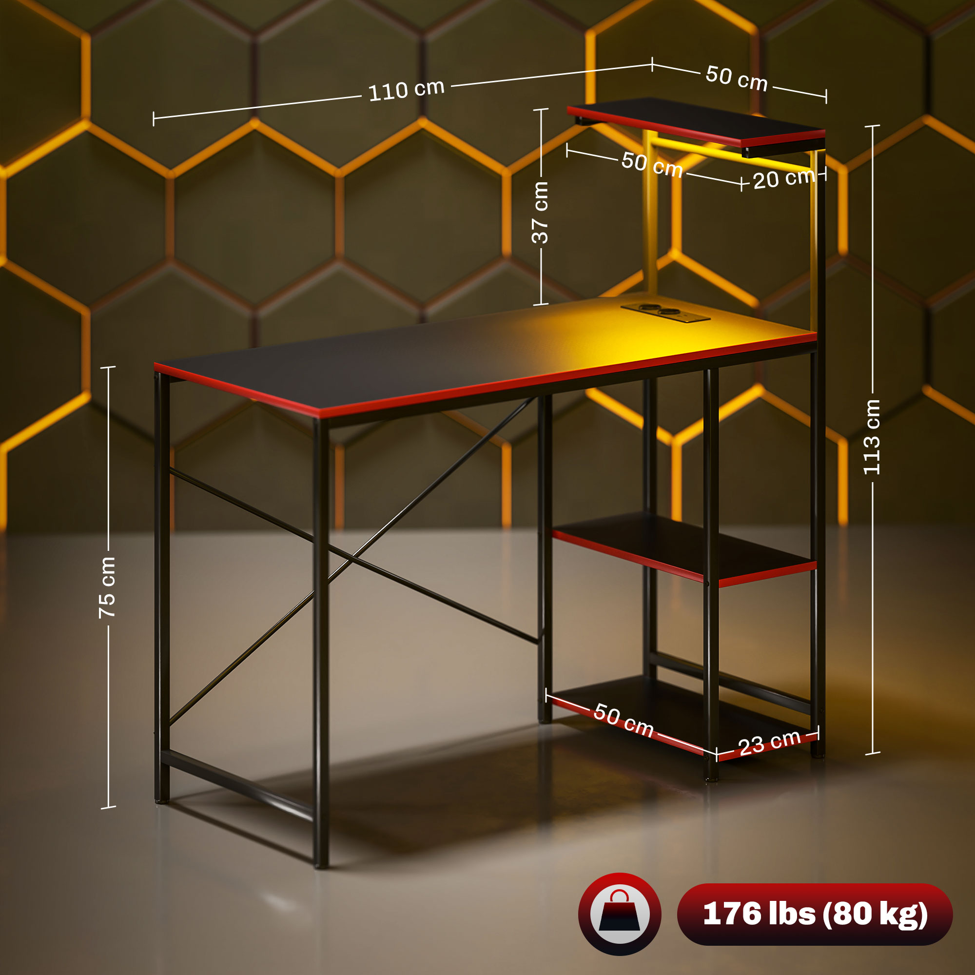 Un escritorio de juego negro y rojo con dimensiones y detalles de peso mostrados.