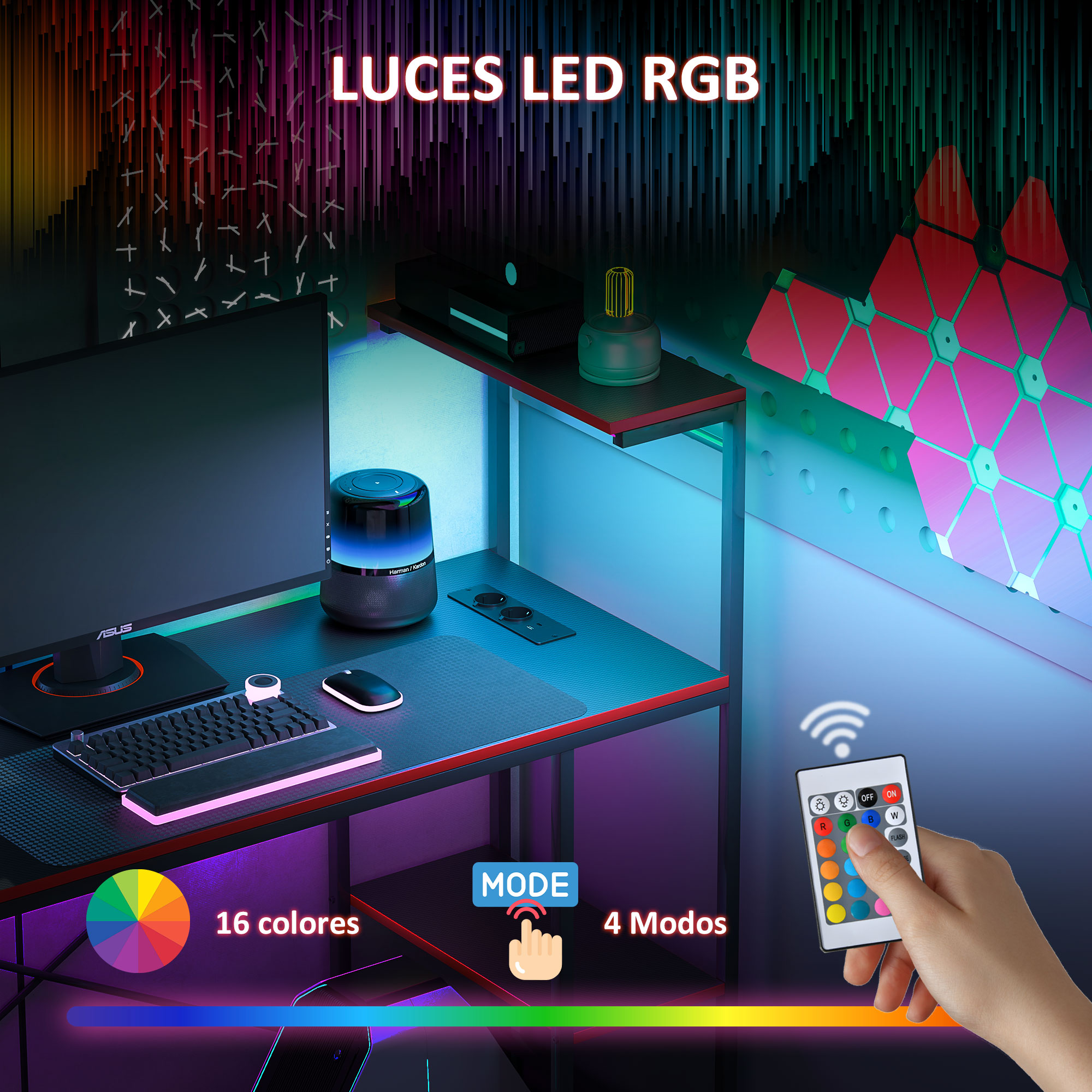 Una configuración de juego con luces RGB, un escritorio, una computadora, un teclado y un control remoto.