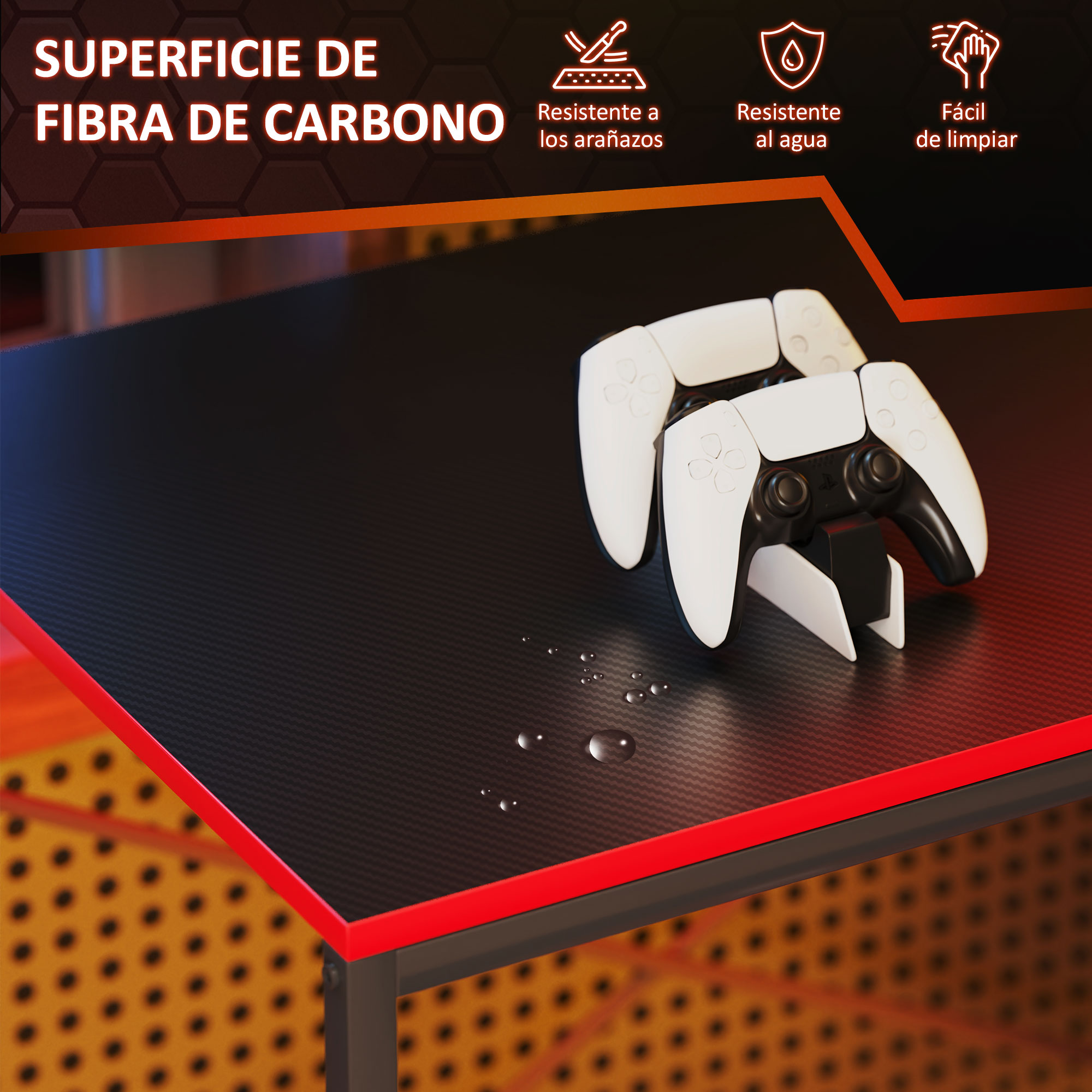 Escritorio gaming con superficie de fibra de carbono negra. Borde rojo, mandos blancos, gotas.