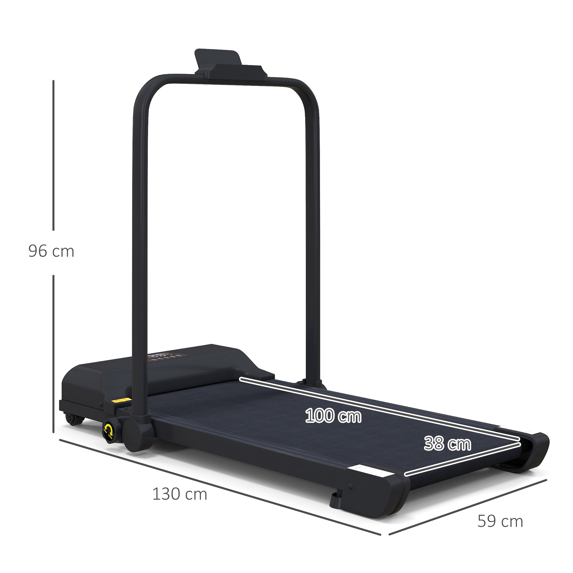 Una cinta de correr negra con dimensiones: 130 cm de largo, 96 cm de alto y 59 cm de ancho.