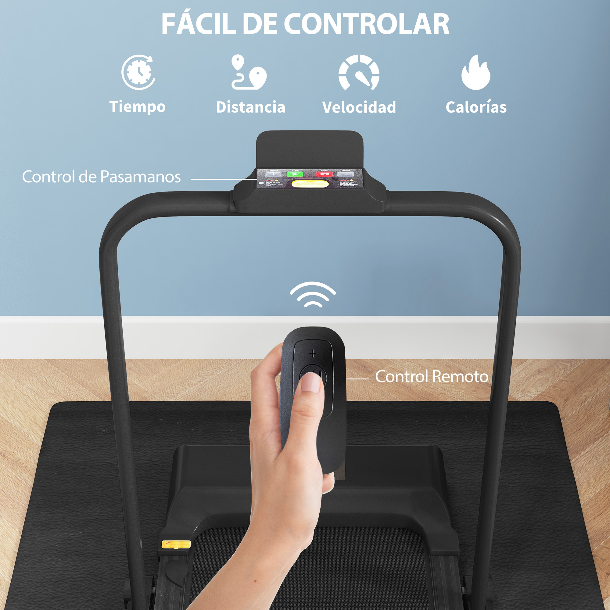Una persona usando un mando a distancia para controlar una cinta de correr negra. Muestra: Tiempo, Distancia, Velocidad, Calorías.