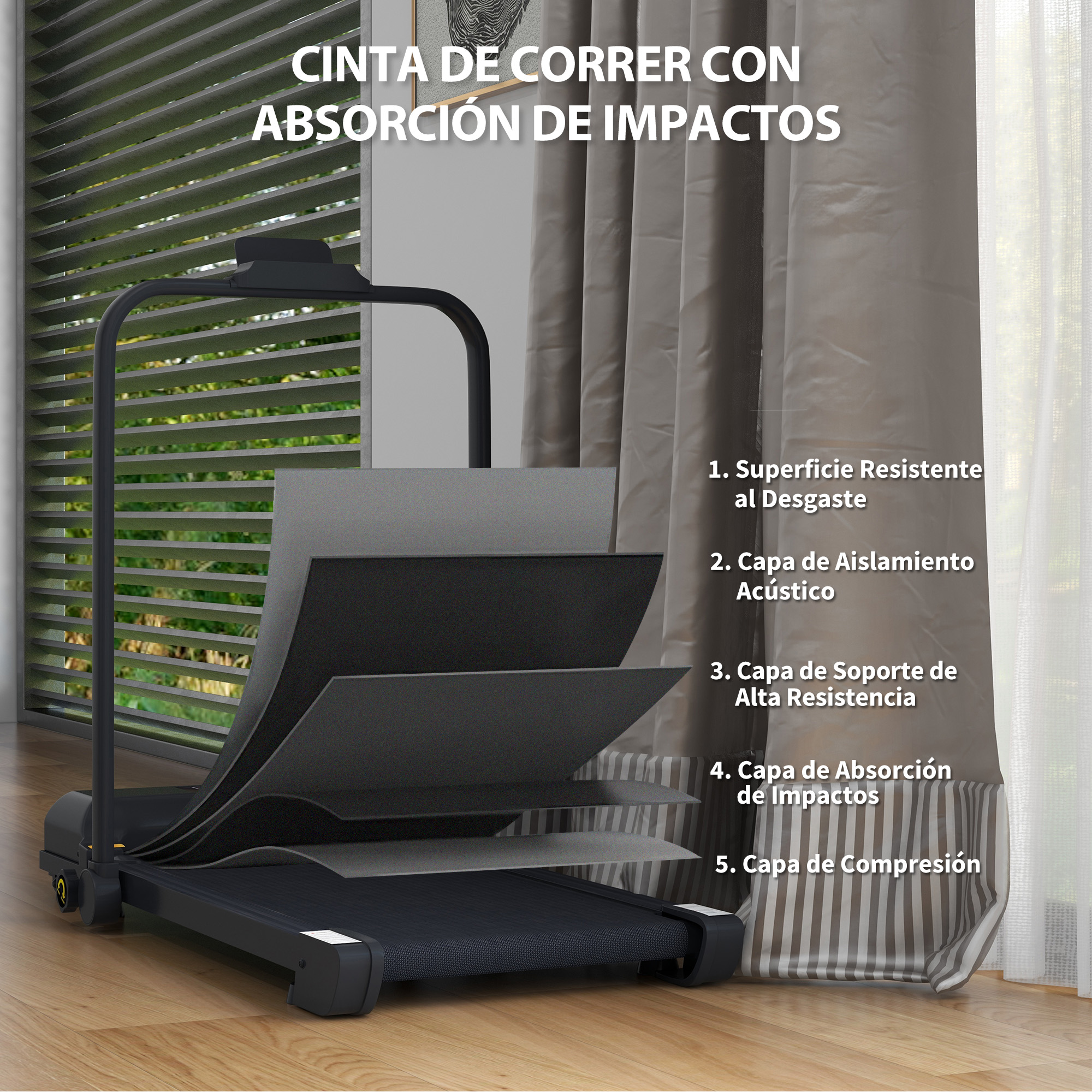 Diagrama de una cinta de correr con capas que muestran la absorción de impactos. La cinta de correr está sobre un fondo neutro.
