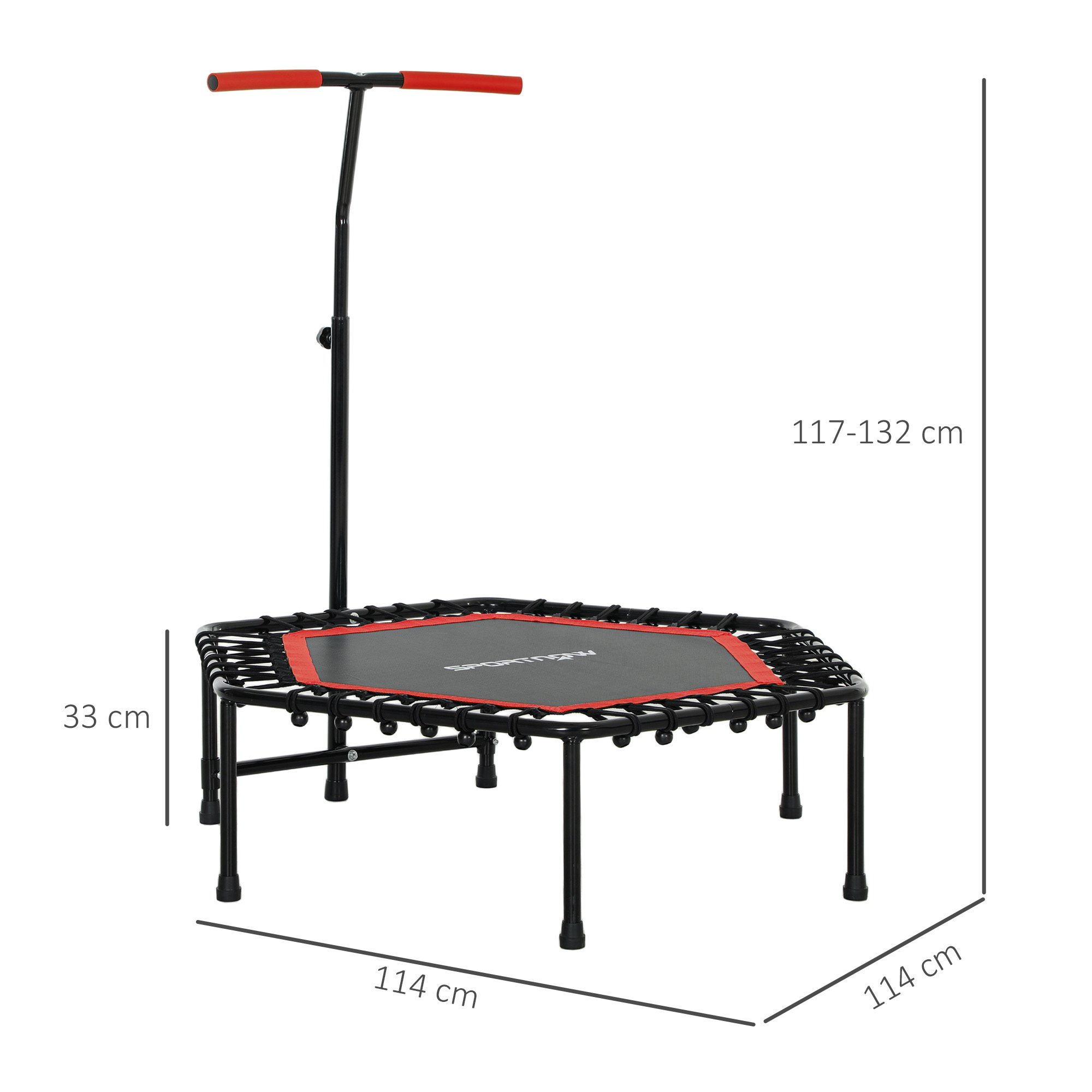 Cama elástica cuadrada con asa. Marco negro, esterilla roja. Se muestran dimensiones y altura del asa.