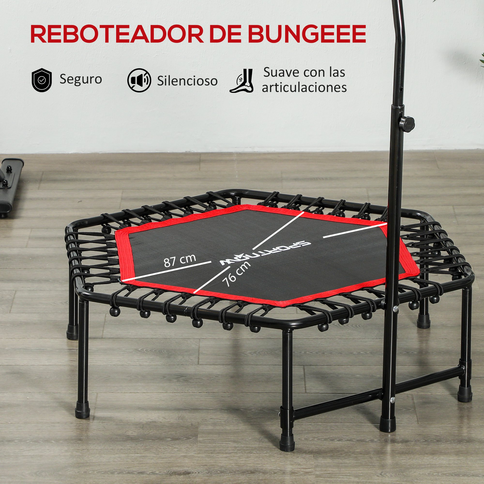 Mini trampolín cuadrado con esterilla negra y borde rojo.