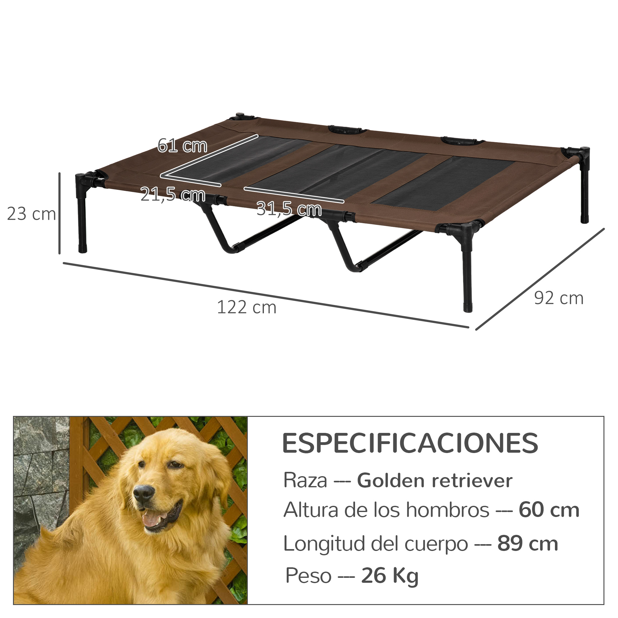 Una cama para perros marrón con dimensiones. Un Golden Retriever y especificaciones se enumeran debajo.