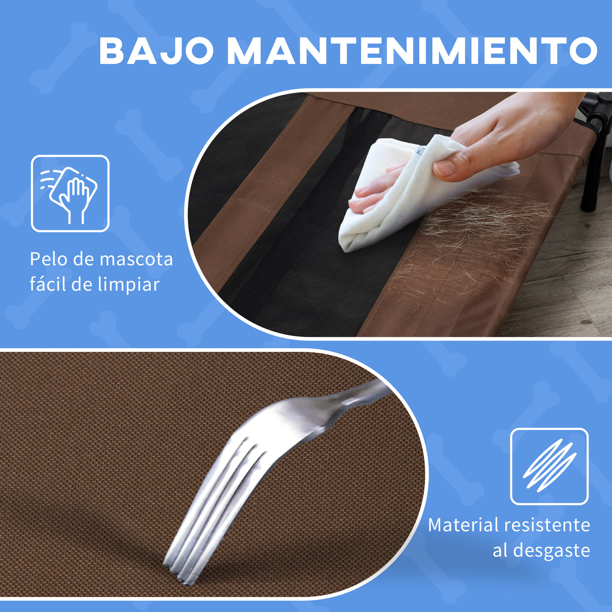 Una cama para mascotas con superficie marrón oscuro que se limpia y un tenedor que la rasca.