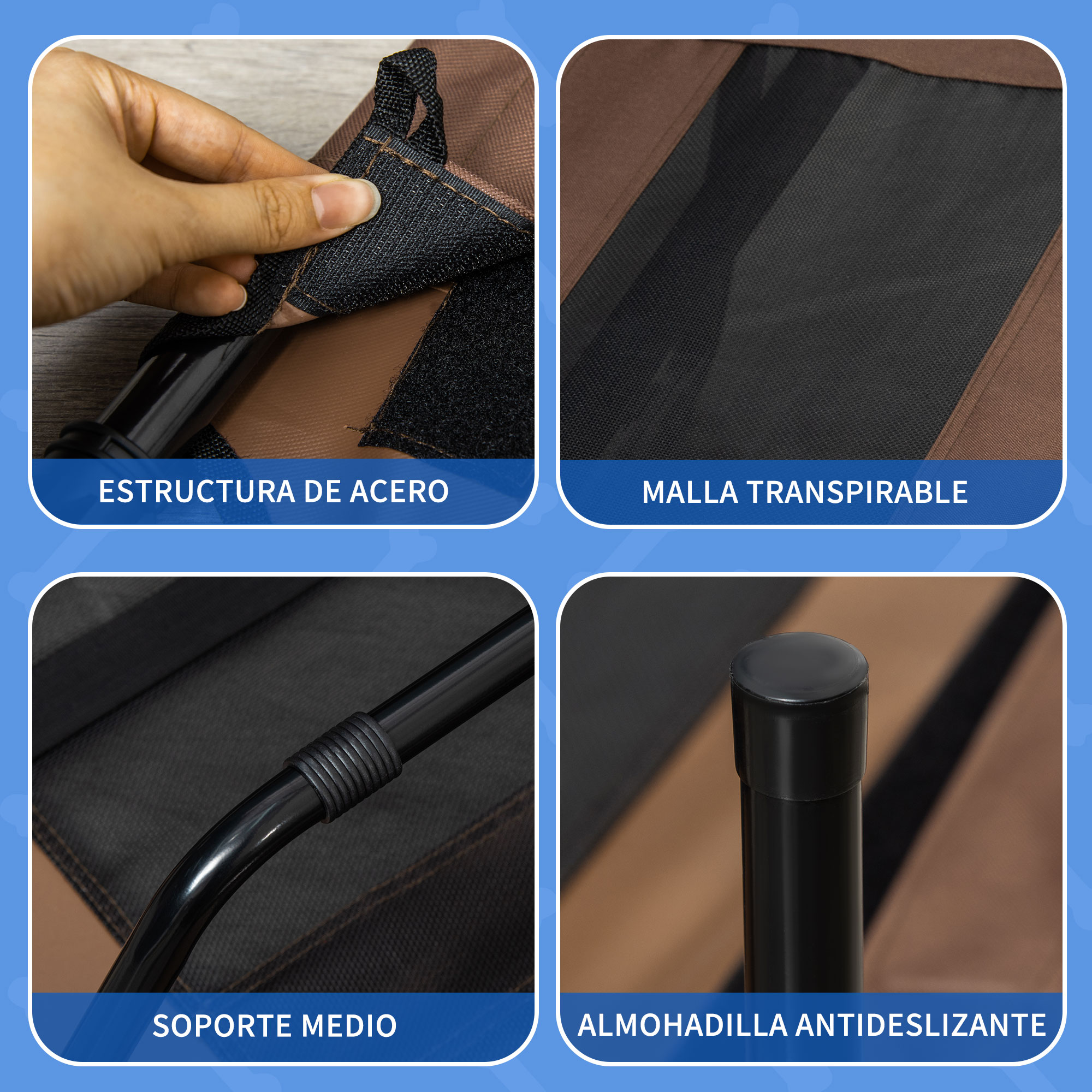 Primeros planos de una silla que muestra marco de acero, malla transpirable y almohadilla antideslizante.