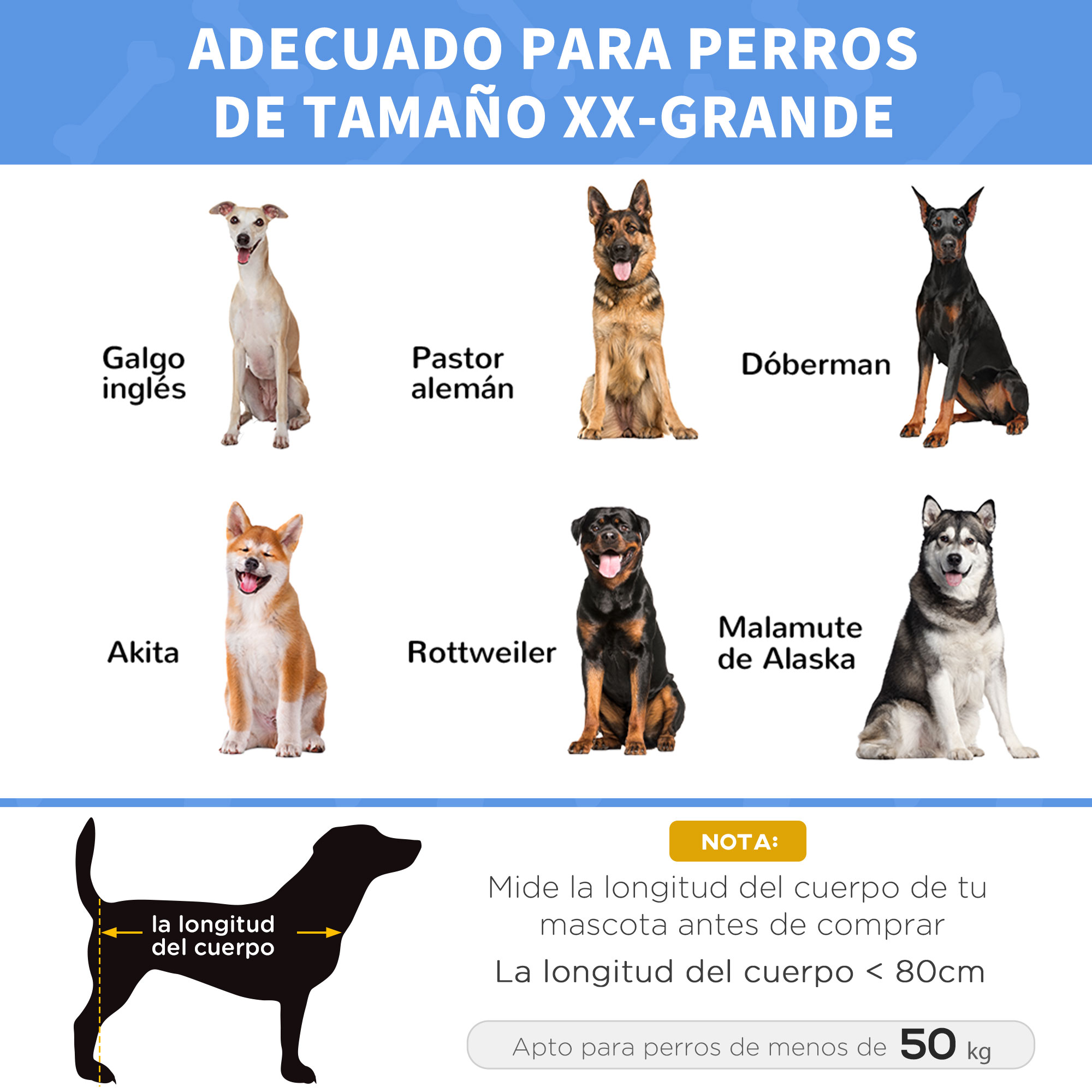Imagen muestra diferentes razas de perros. Texto: Adecuado para perros grandes. Incluye razas.