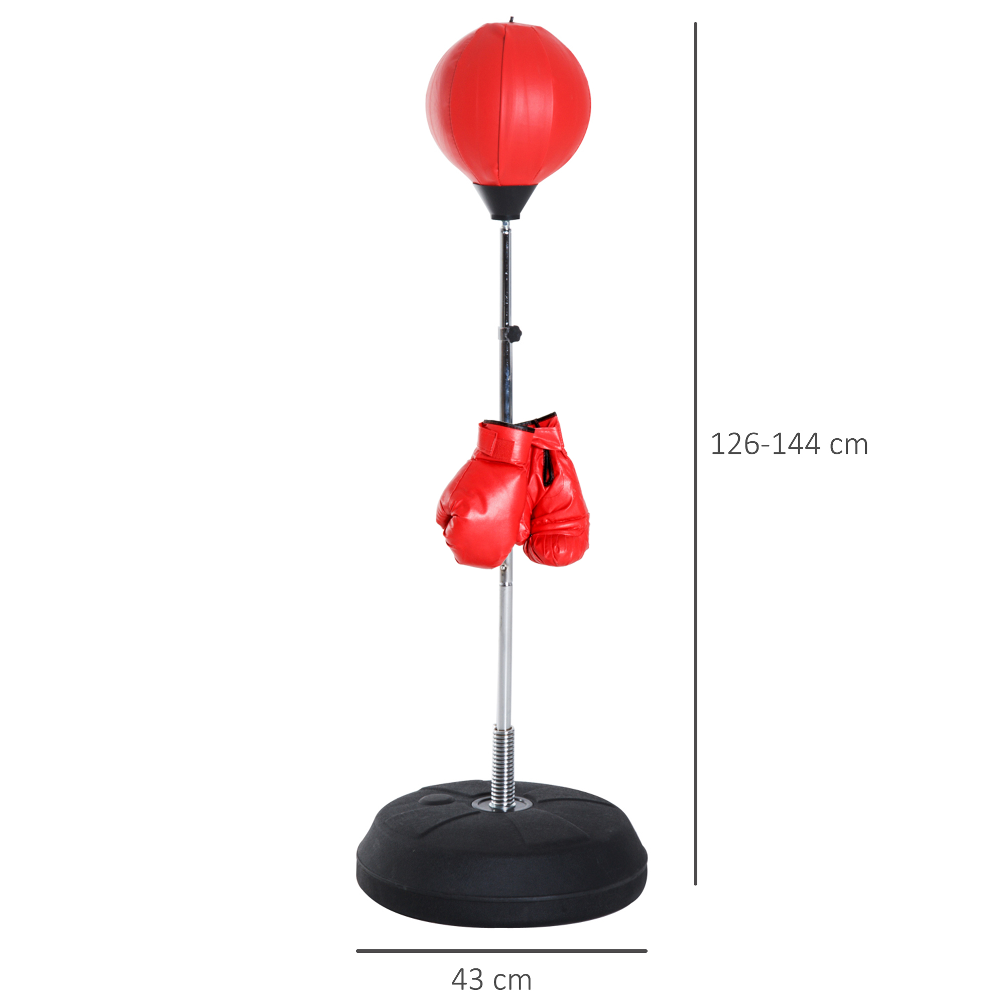 Saco de boxeo rojo con guantes rojos y base negra, dimensiones.