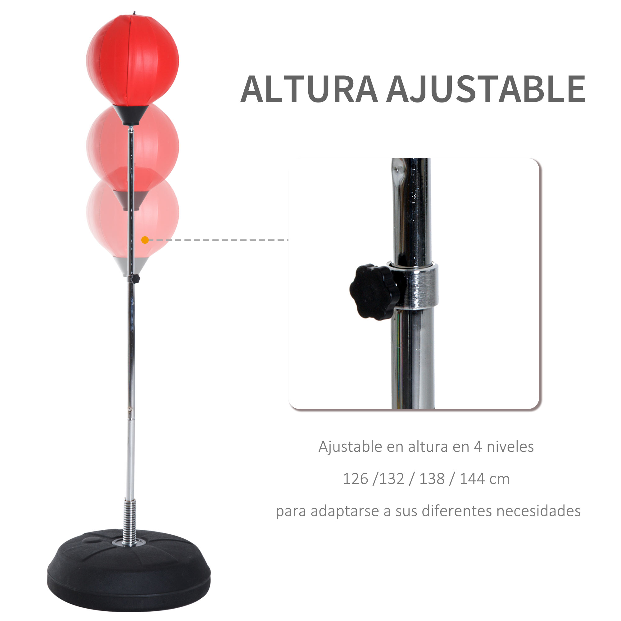 Saco de boxeo con esferas rojas y base negra. Texto indica altura ajustable.