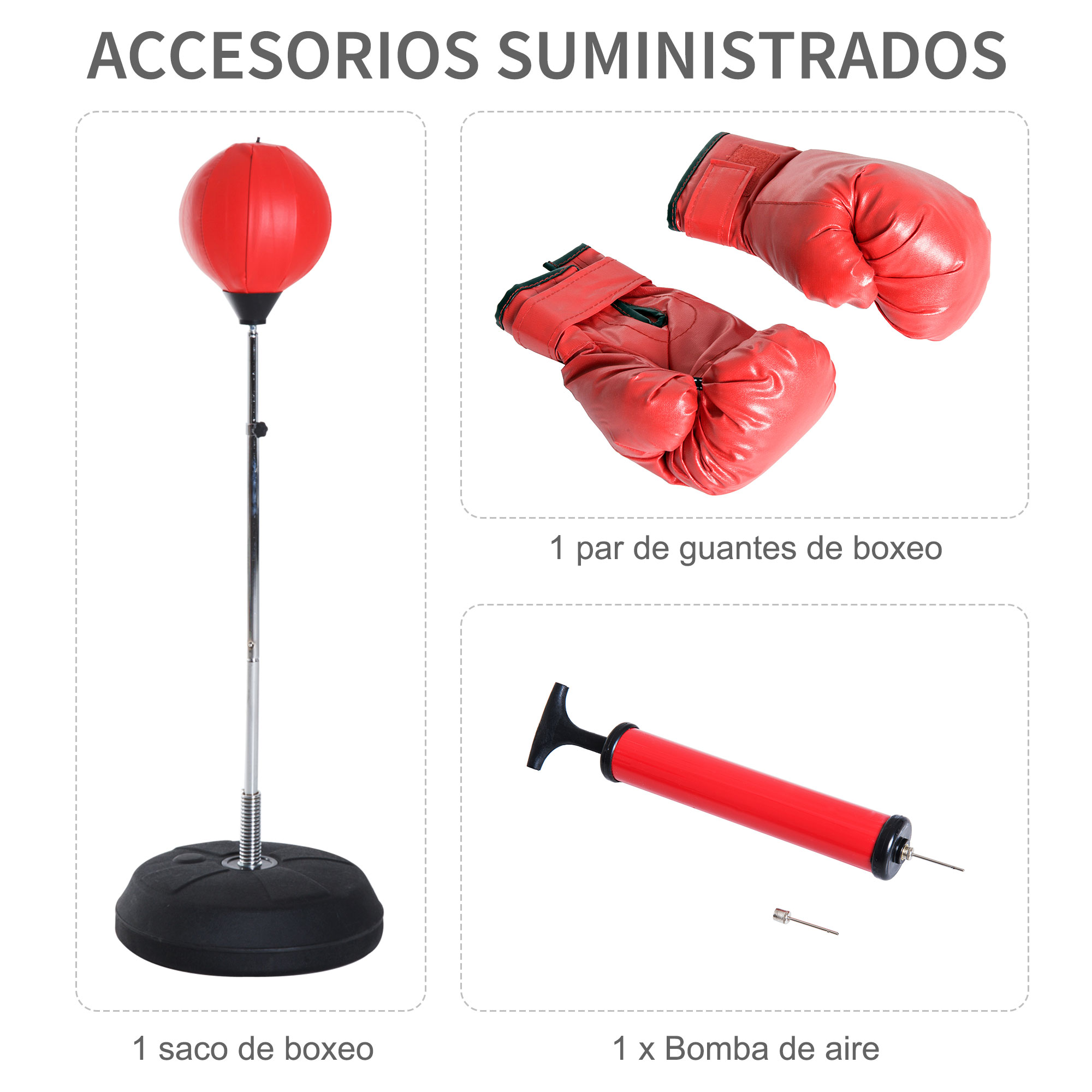 Saco de boxeo rojo, guantes y bomba de aire.