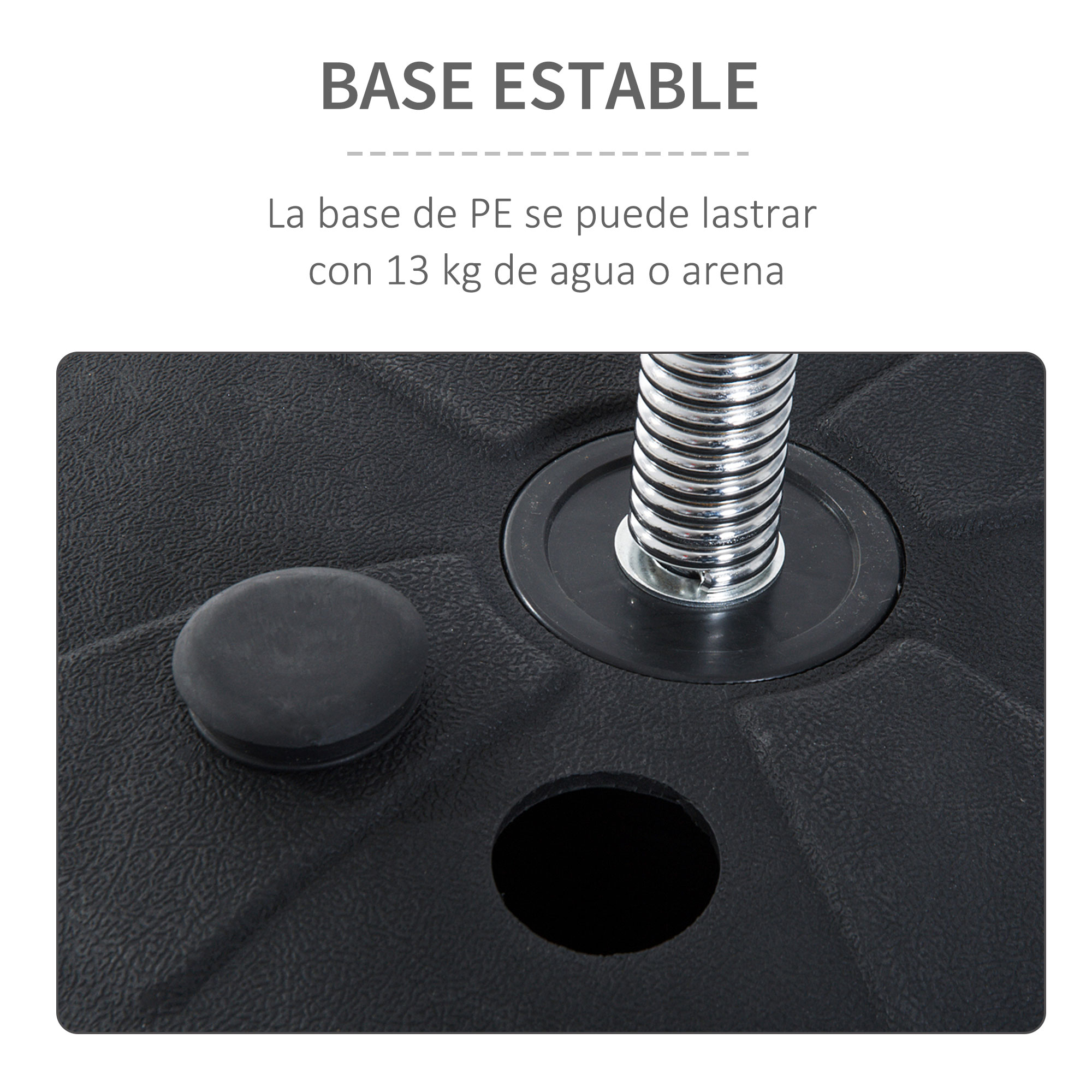 Base negra con agujero y muelle plateado. Texto: Base Estable. Fondo blanco.