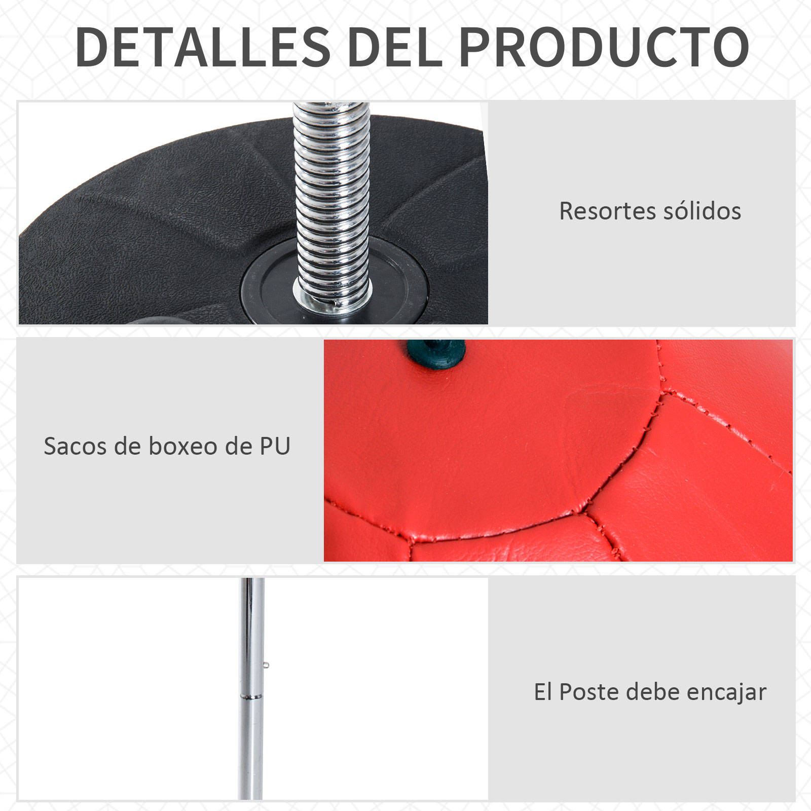 Toma de detalles del producto. Resortes sólidos, sacos de boxeo de PU y un poste que debe encajar, todo en una cuadrícula.