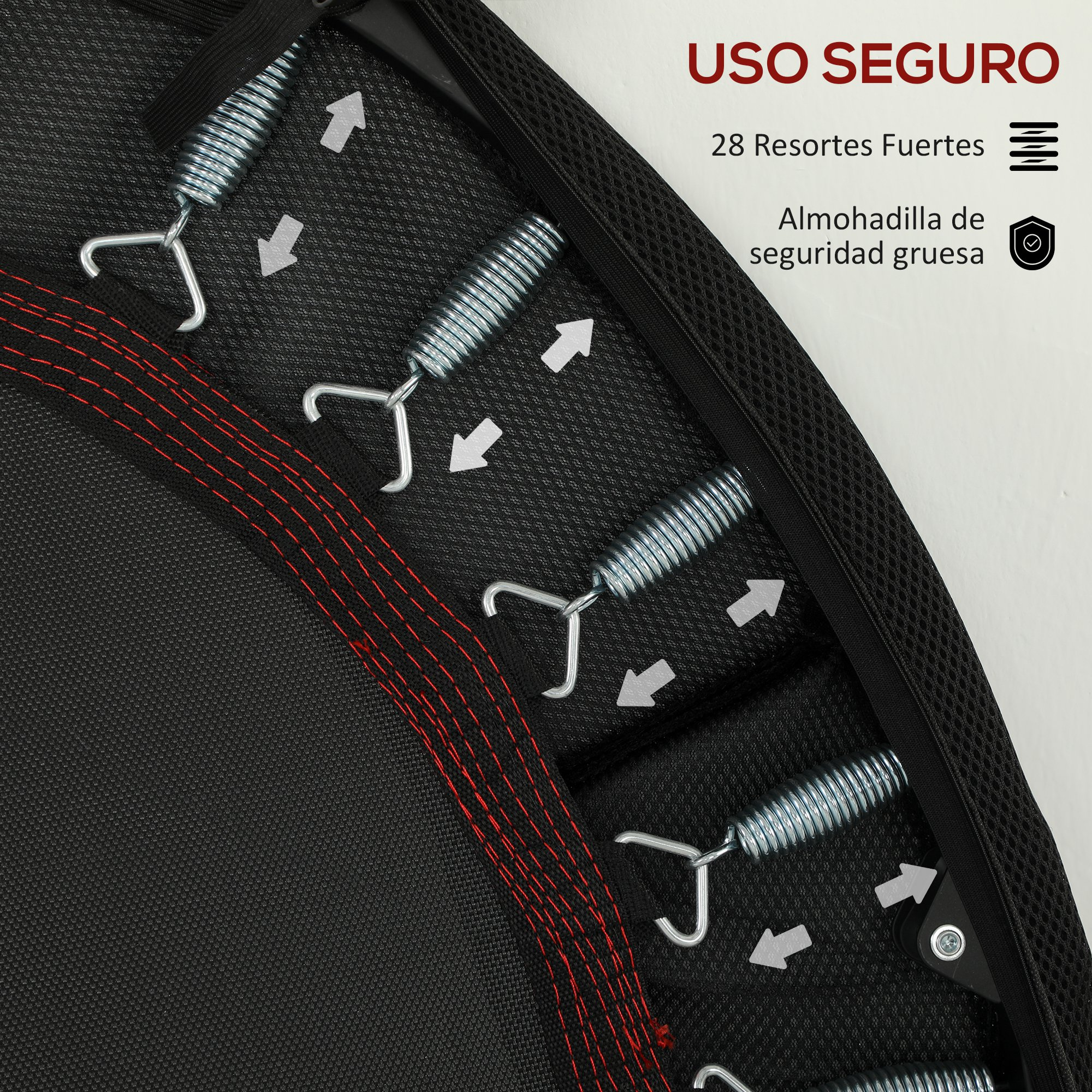 Trampolín negro con resortes y costuras rojas. Texto: 'Uso Seguro', '28 Resortes Fuertes' y 'Acolchado de seguridad grueso'.