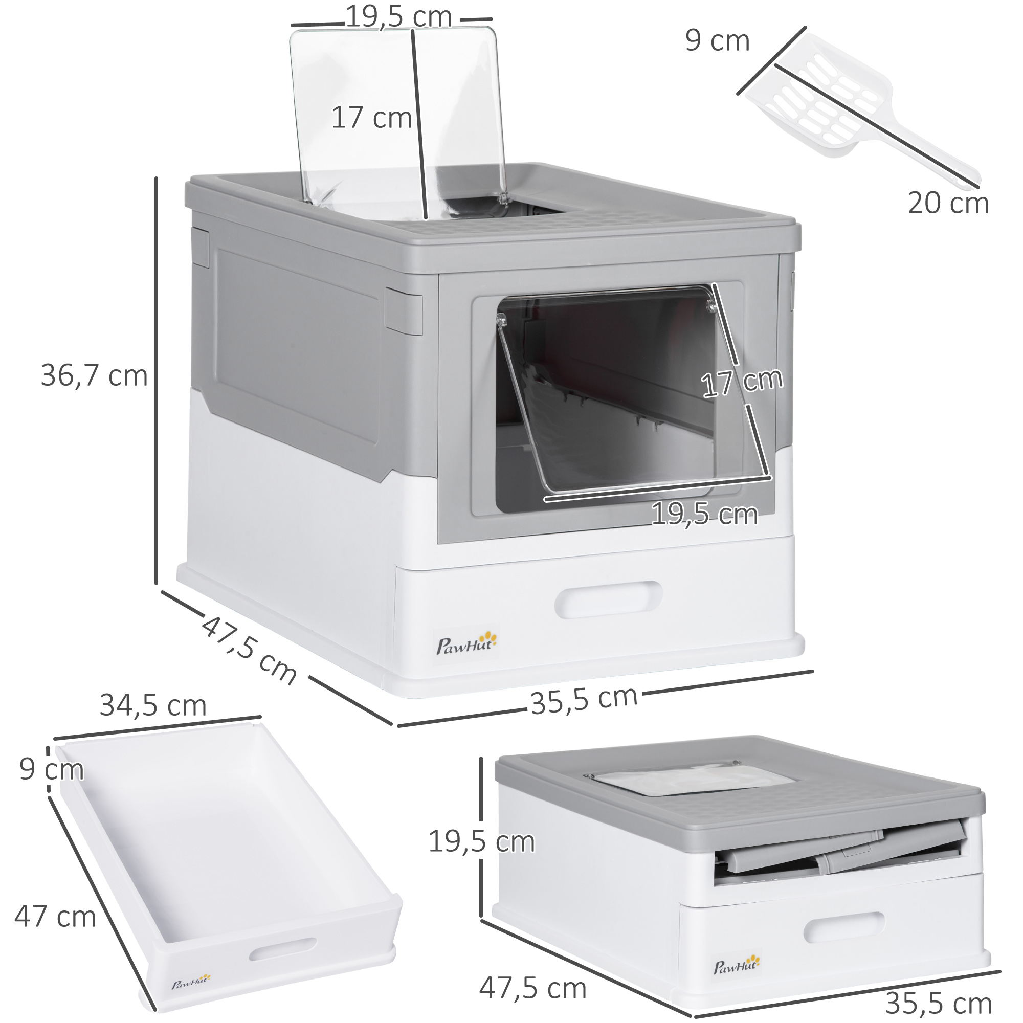 Caja de arena para gatos. Gris y blanco, con dimensiones. Incluye una pala. Se puede plegar.