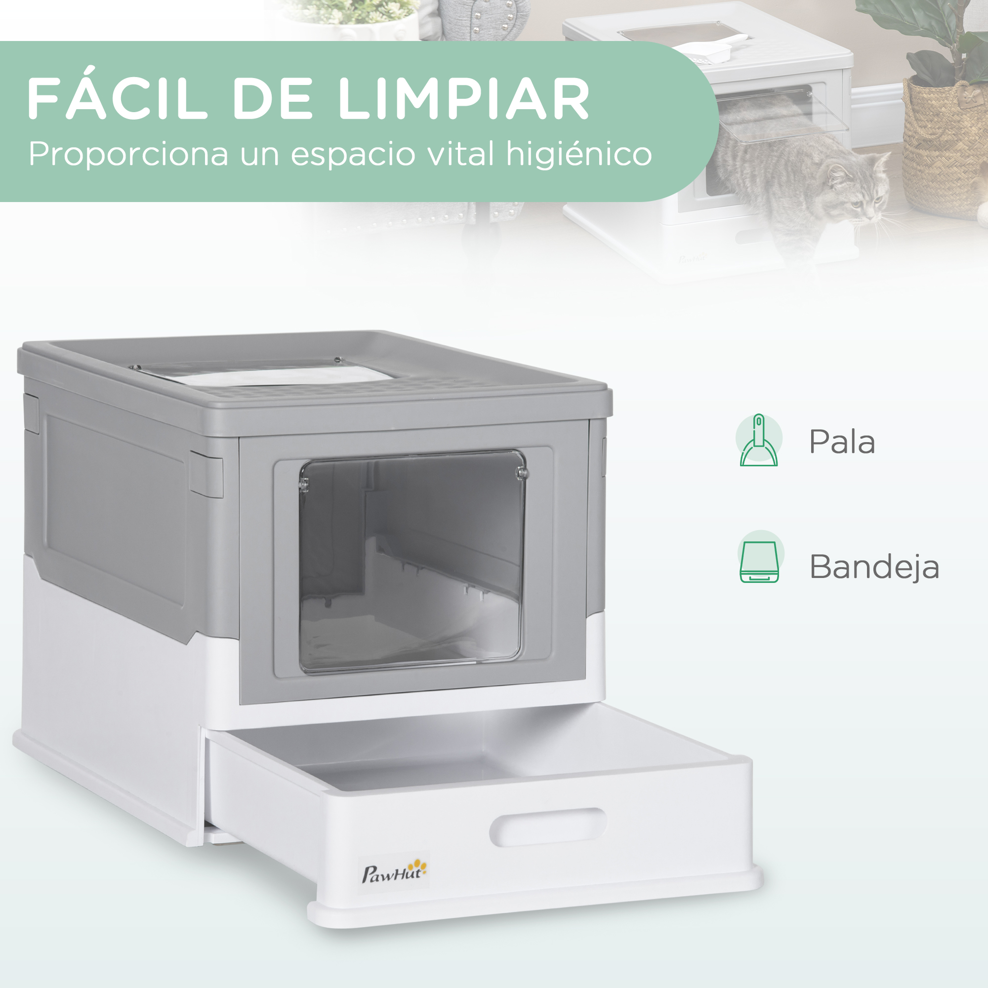 Una caja de arena para gatos con tapa gris y base blanca, mostrando un cajón blanco y un icono de pala.