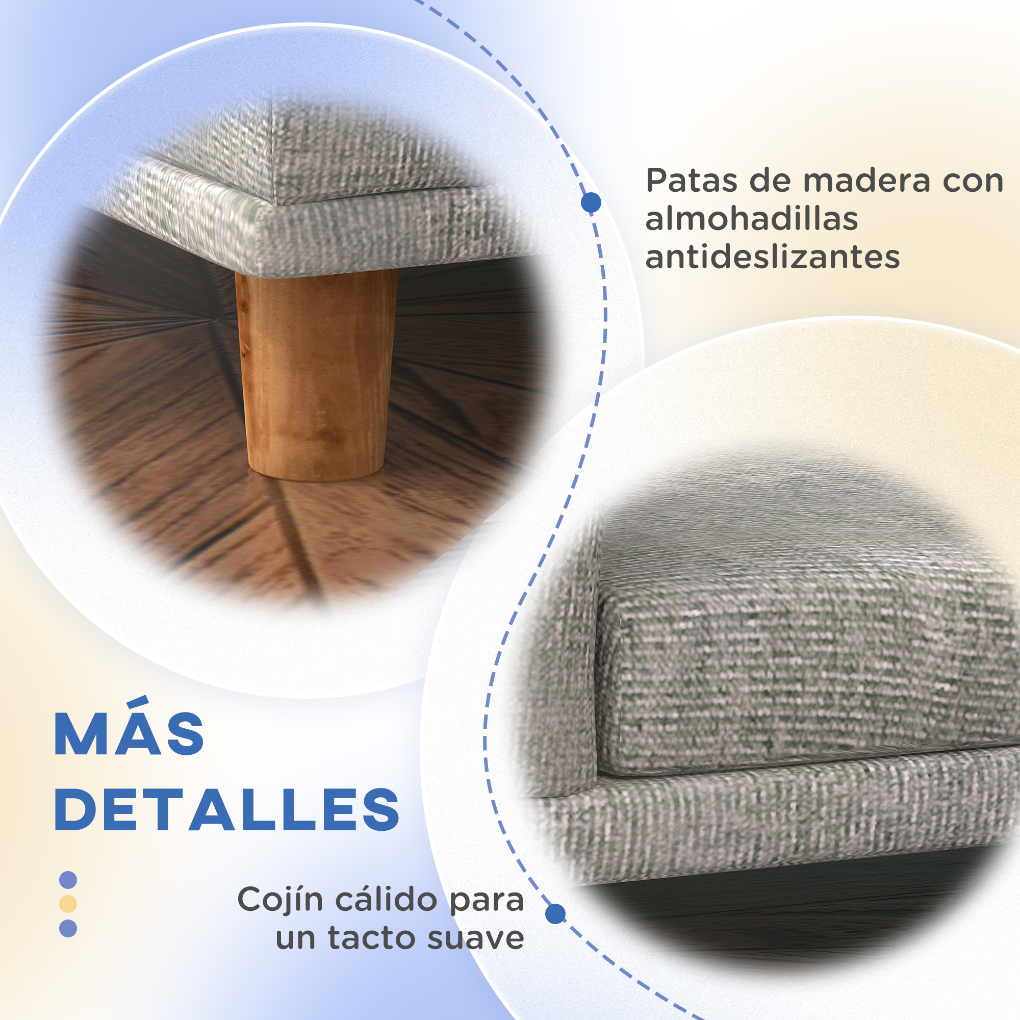 Primer plano de una pata y cojín de sofá gris, detalles resaltados con texto.