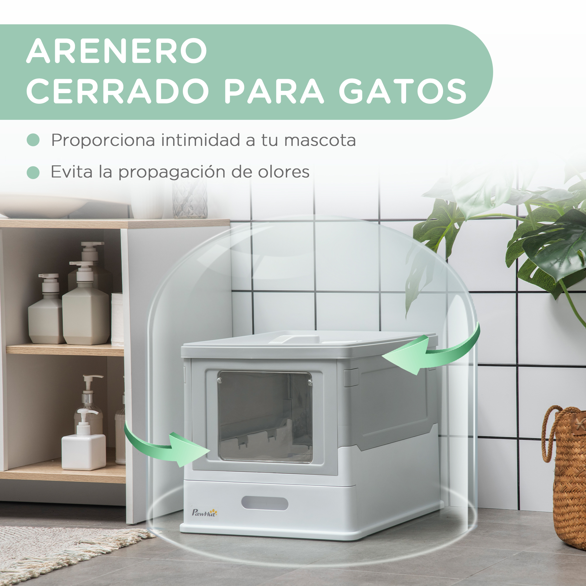 Una caja de arena cerrada para gatos con etiquetas en español.