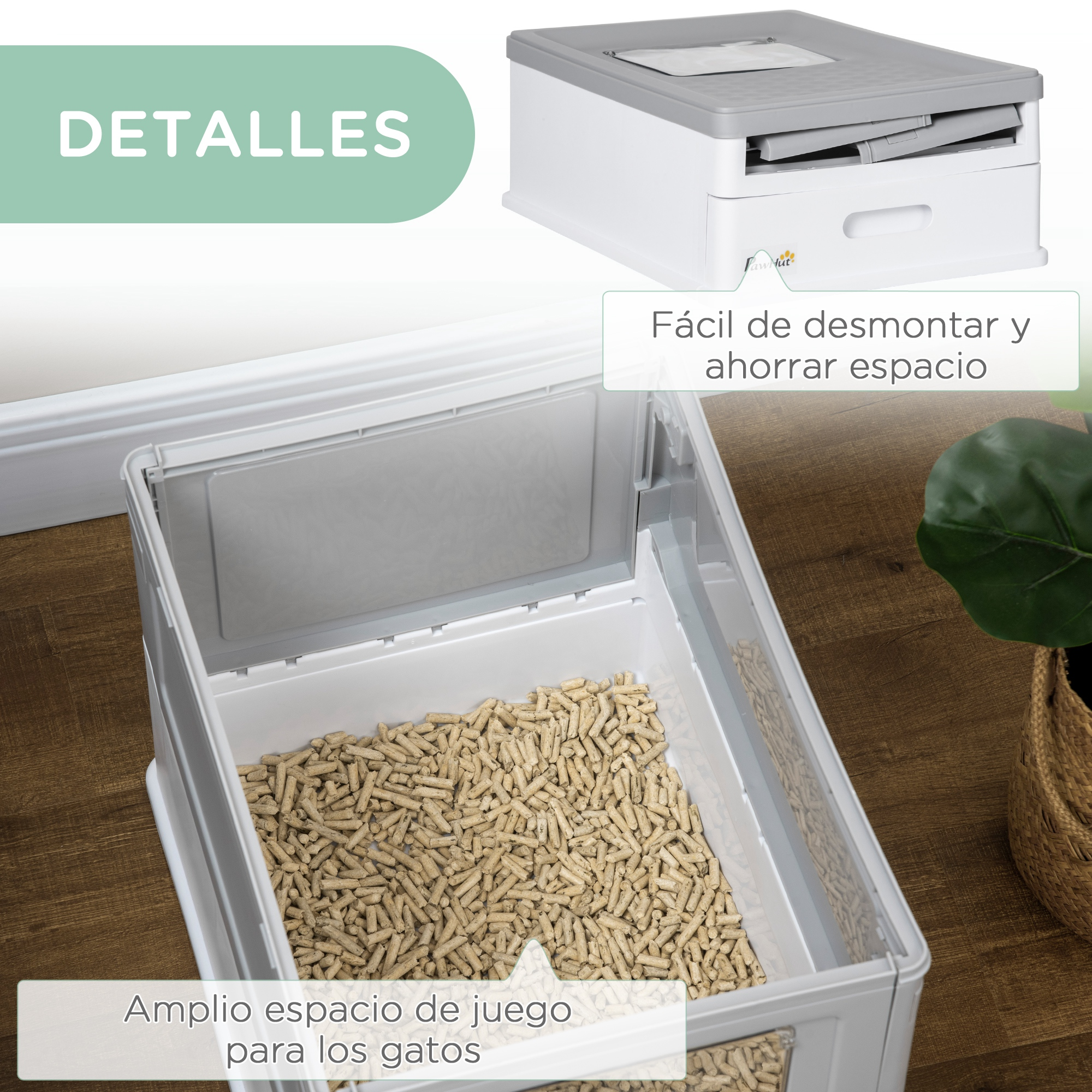 Una caja de arena para gatos blanca y gris con tapa. El interior está lleno de bolitas de madera.