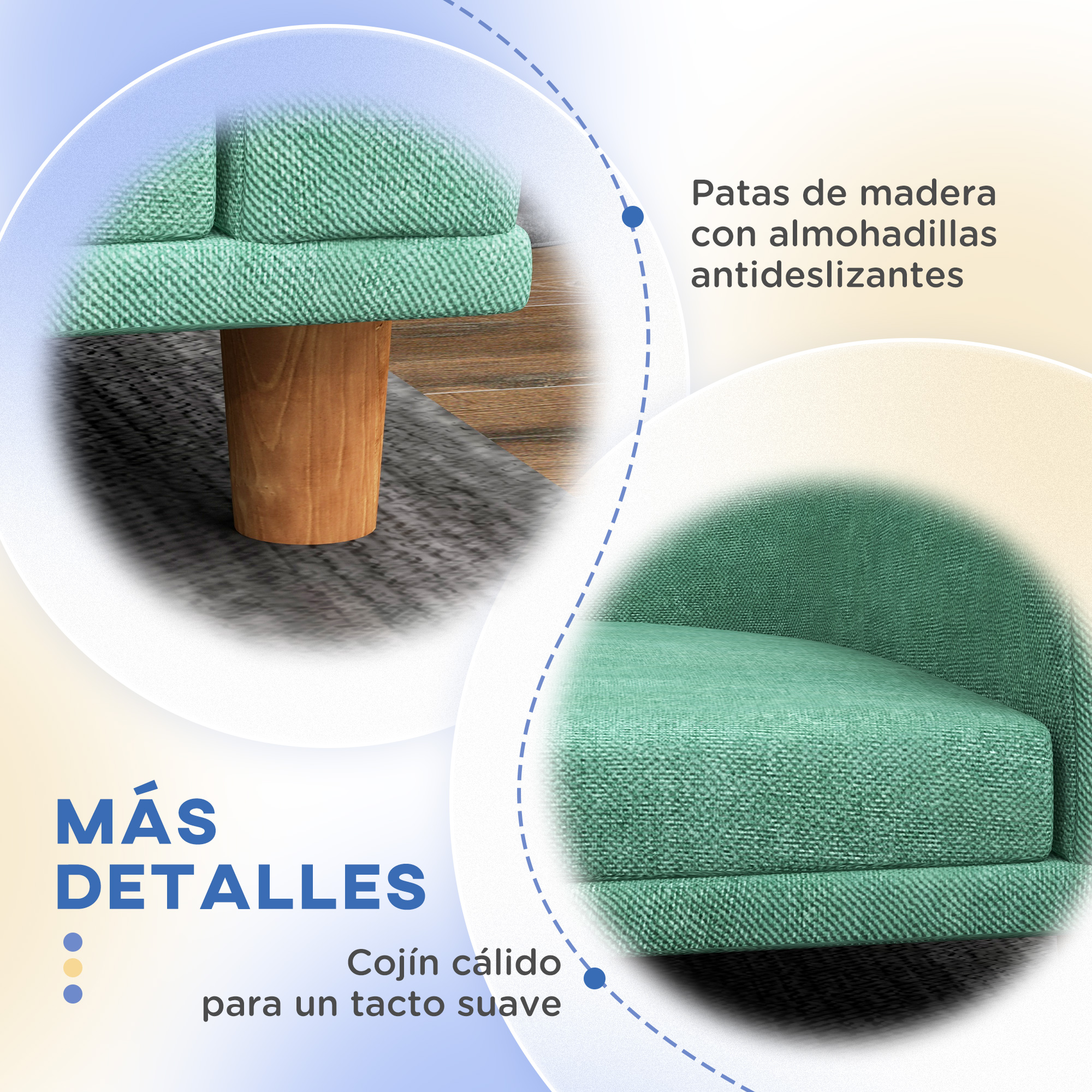 Un primer plano de un sofá verde con patas de madera.
