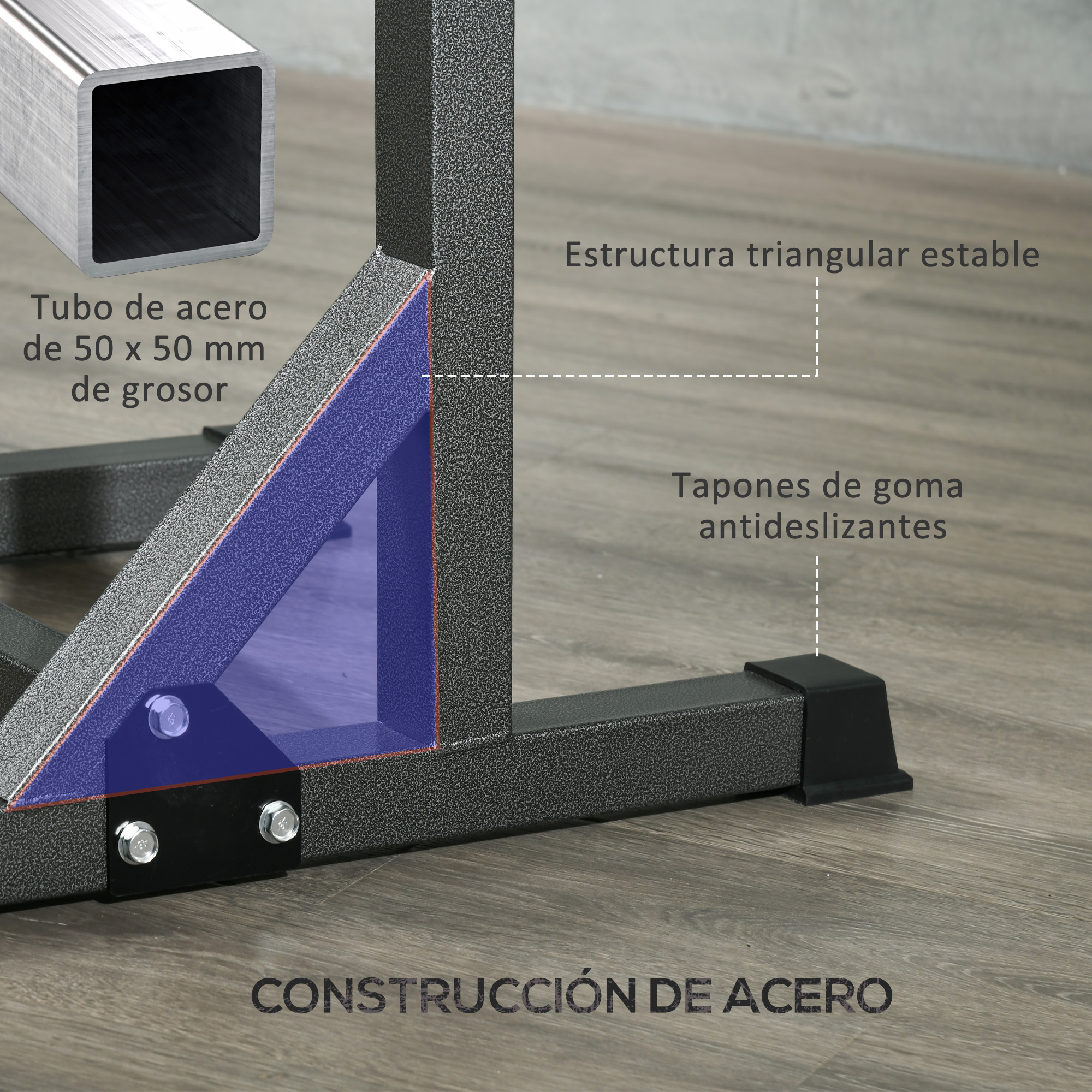 Primer plano de la estructura del marco de acero con texto, con almohadillas antideslizantes.