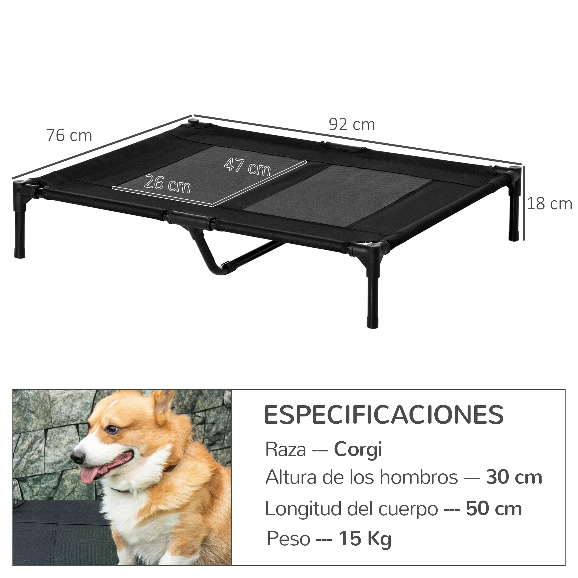 Una cama para perros con dimensiones y un Corgi. La cama es negra, con dimensiones de 92x76 cm.