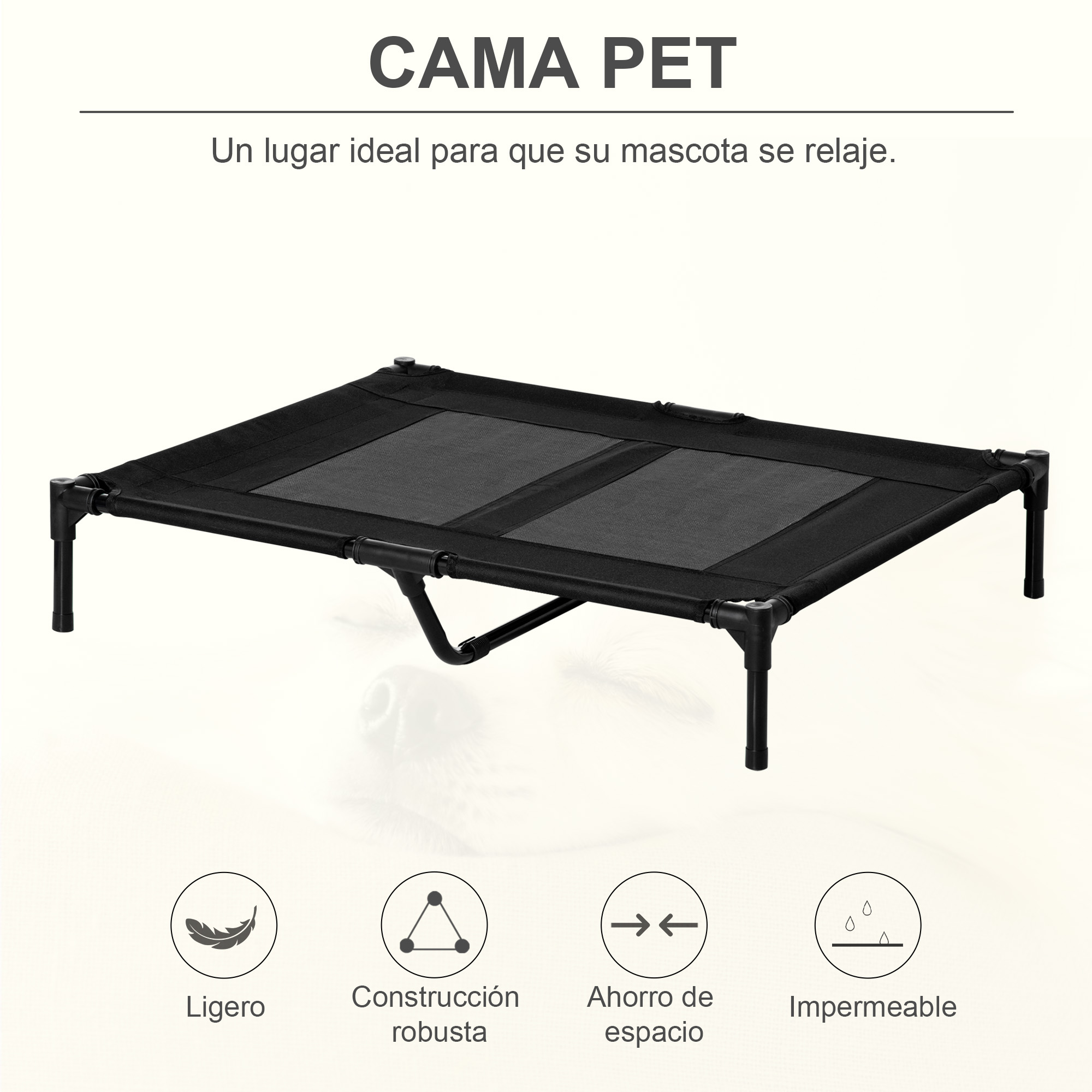 Cama para mascotas negra con parte superior de malla. Características: construcción ligera y diseño que ahorra espacio.