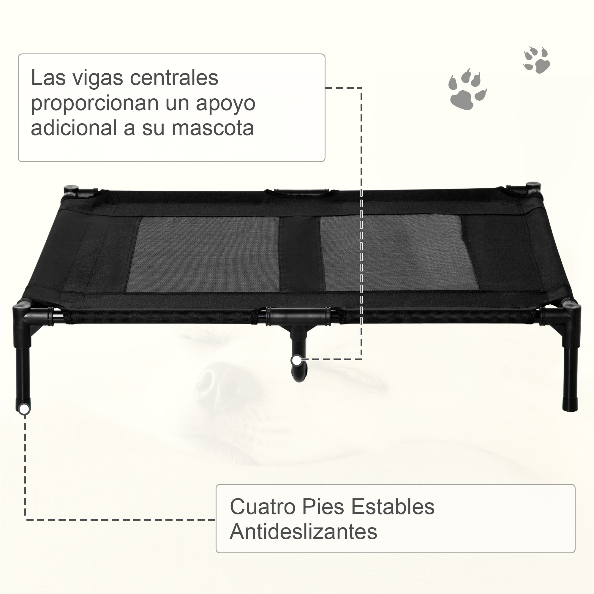 Cama para mascotas negra con cuatro patas, etiquetas de texto describiendo características y huellas.