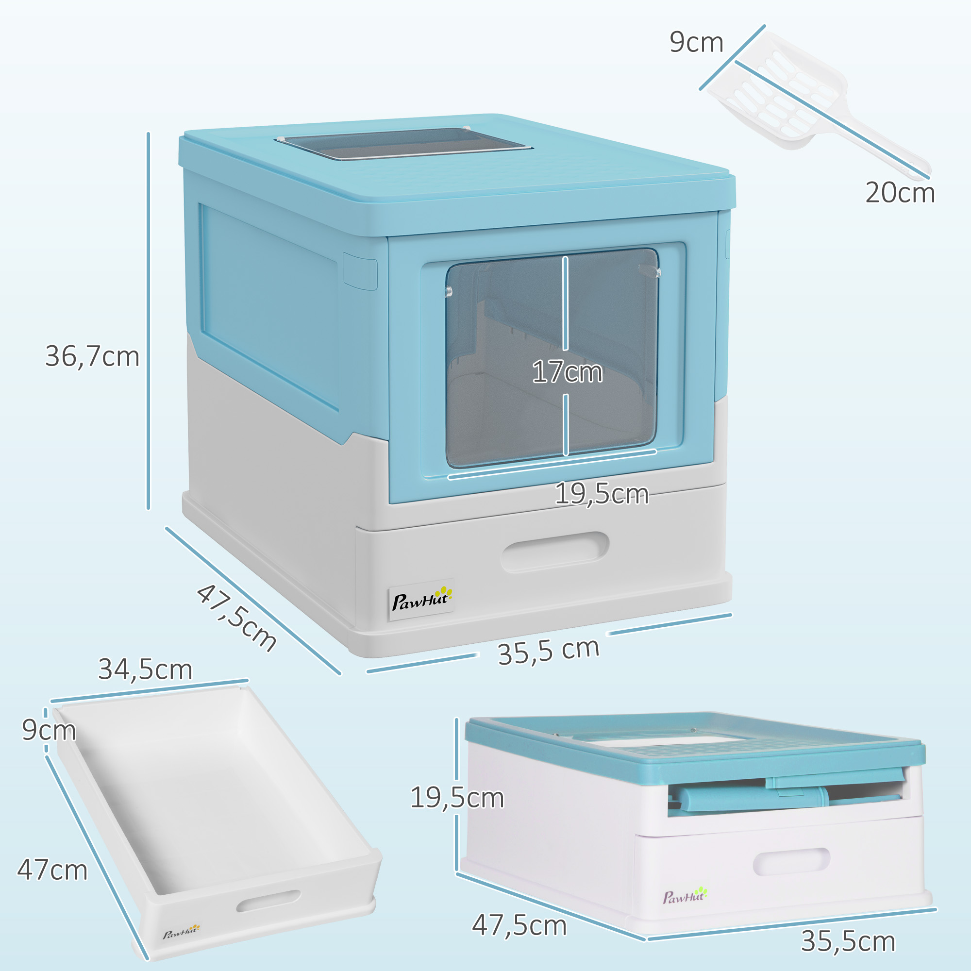 Una caja de arena azul y blanca con dimensiones y una pala.