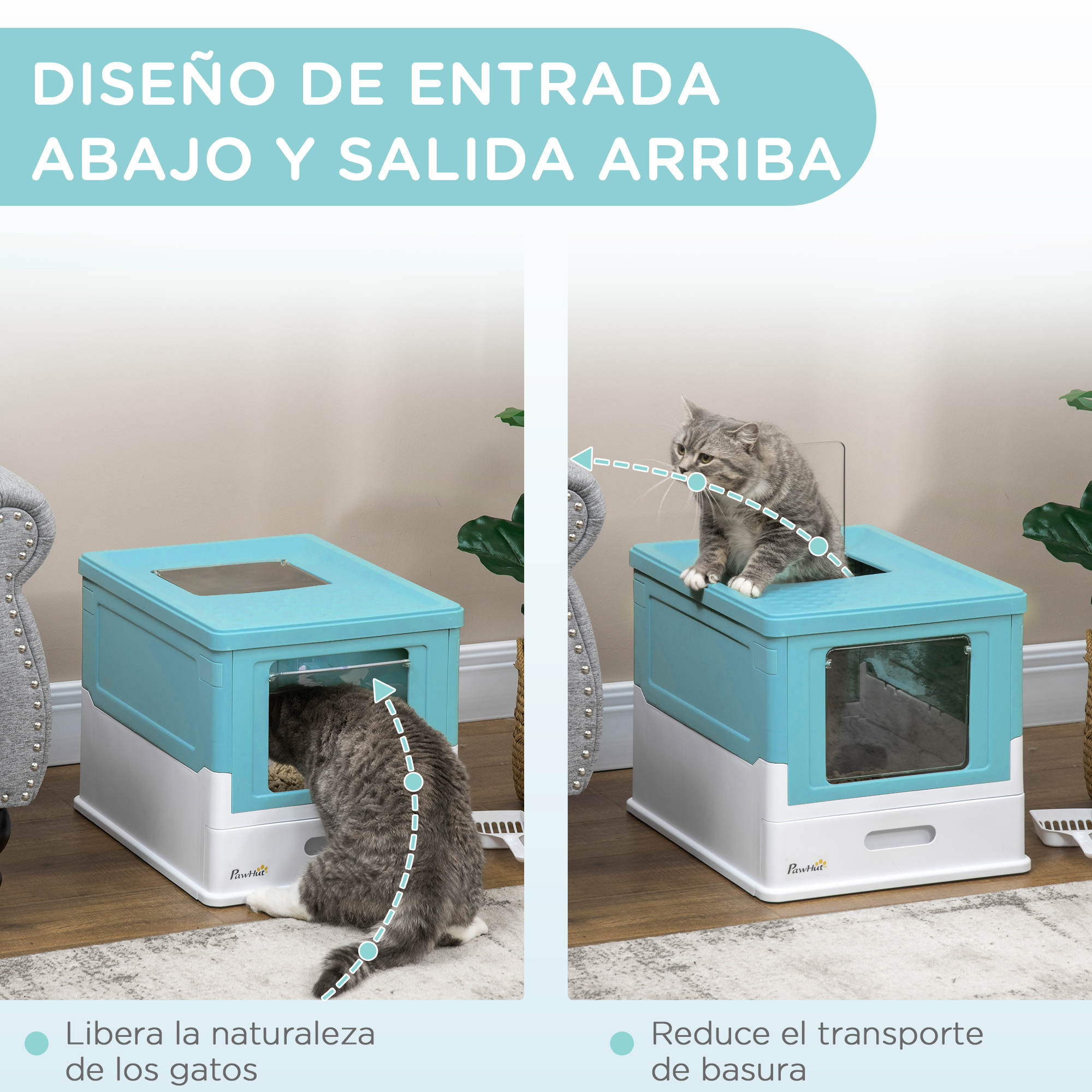 Diagrama que ilustra una caja de arena para gatos, con un gato entrando y saliendo. La caja es azul y blanca.