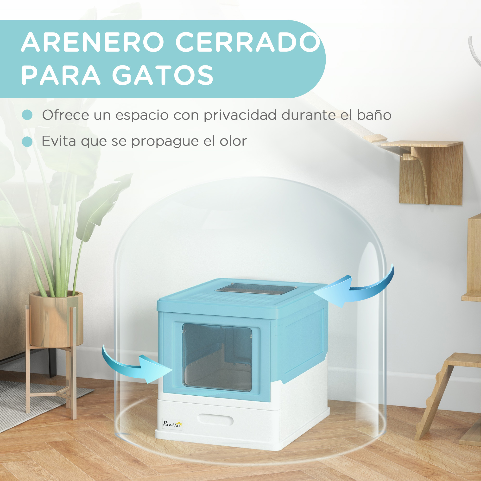 Una caja de arena para gatos azul y blanca con flechas que indican el flujo de aire, en un entorno doméstico.