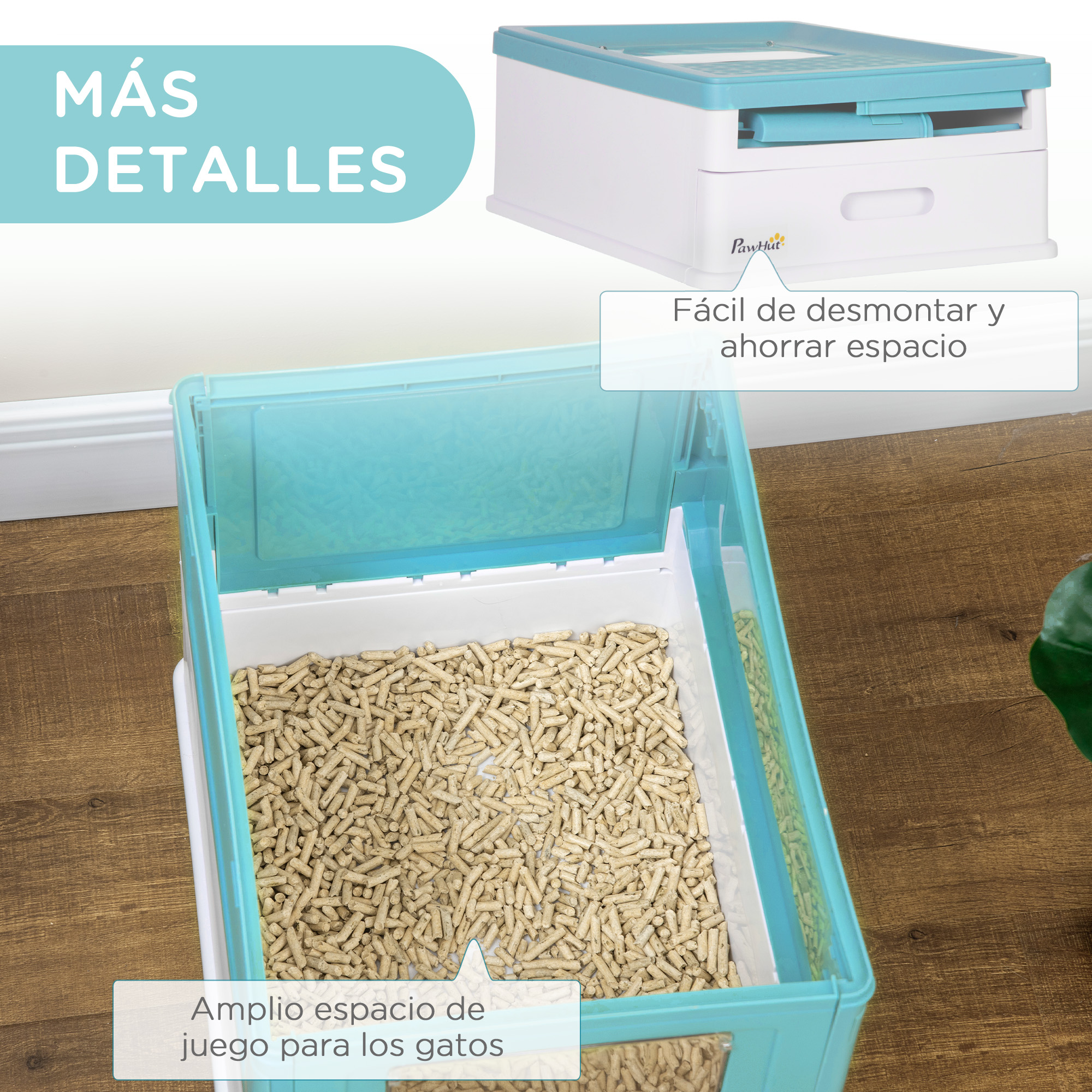 Arenero para gatos con arena. Caja blanca y azul, abierta, con arena de pellets de madera.