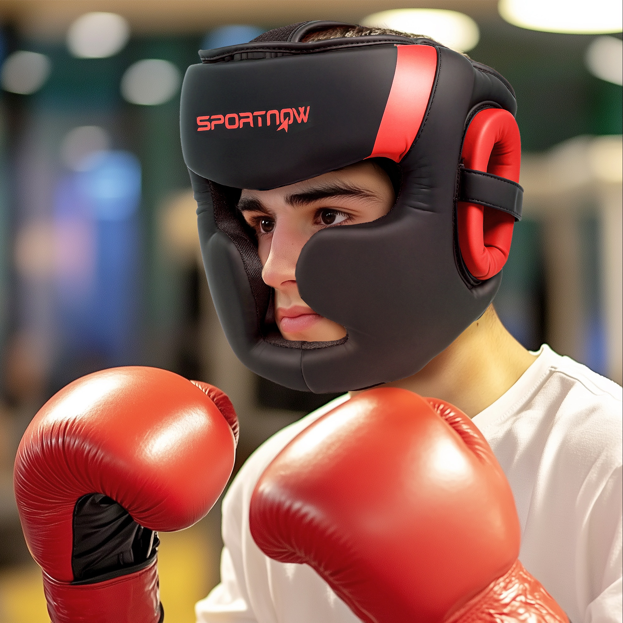 Un joven con casco de boxeo y guantes rojos mira hacia un lado. El fondo es un gimnasio.