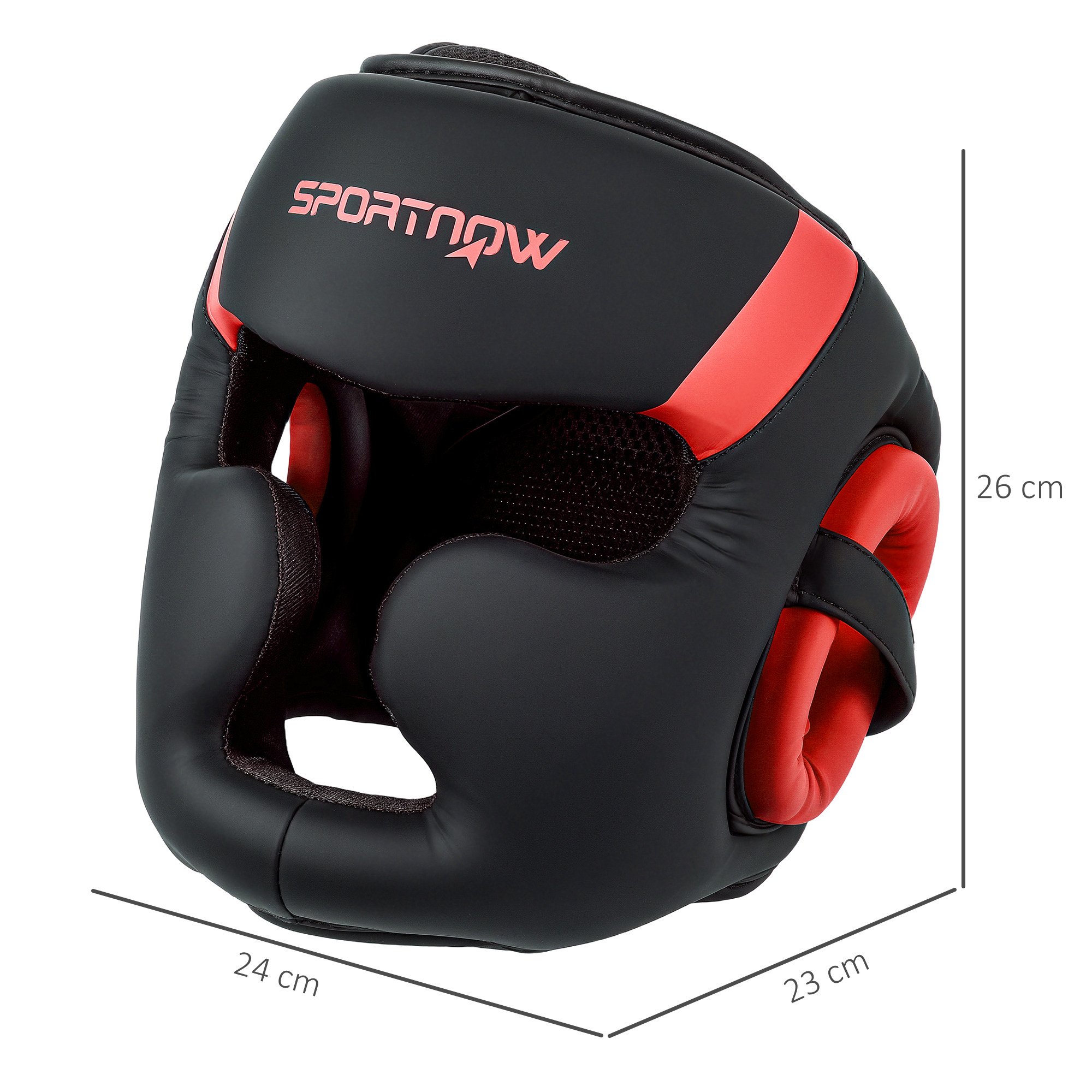 Casco de boxeo negro y rojo. La palabra SPORTNOW está impresa en rojo.