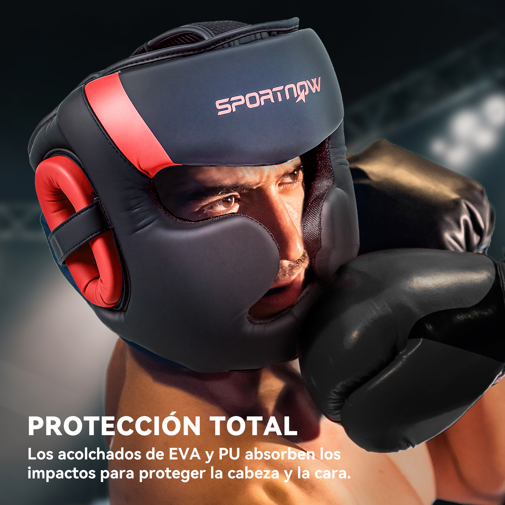Boxeador con casco y guantes. Casco negro con detalles rojos, guantes negros.