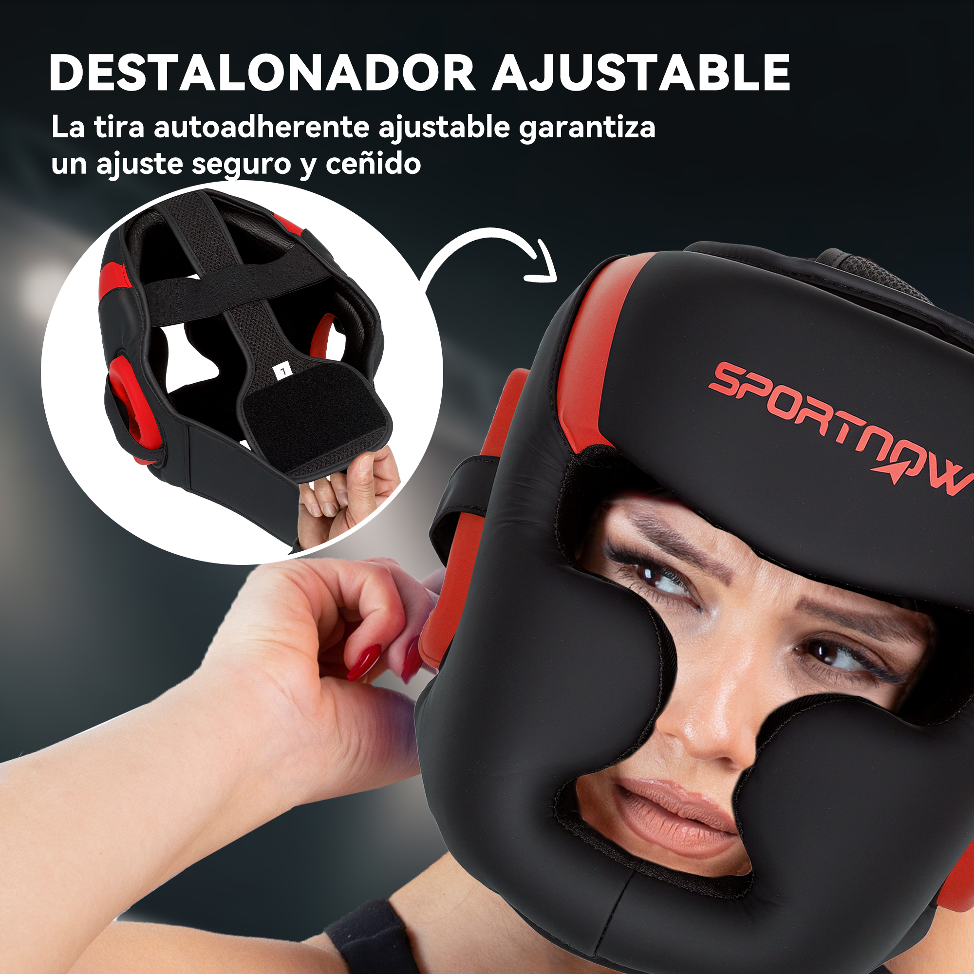 Una persona usando un protector de cabeza negro y rojo, con una correa de velcro ajustable siendo ajustada por una mano.