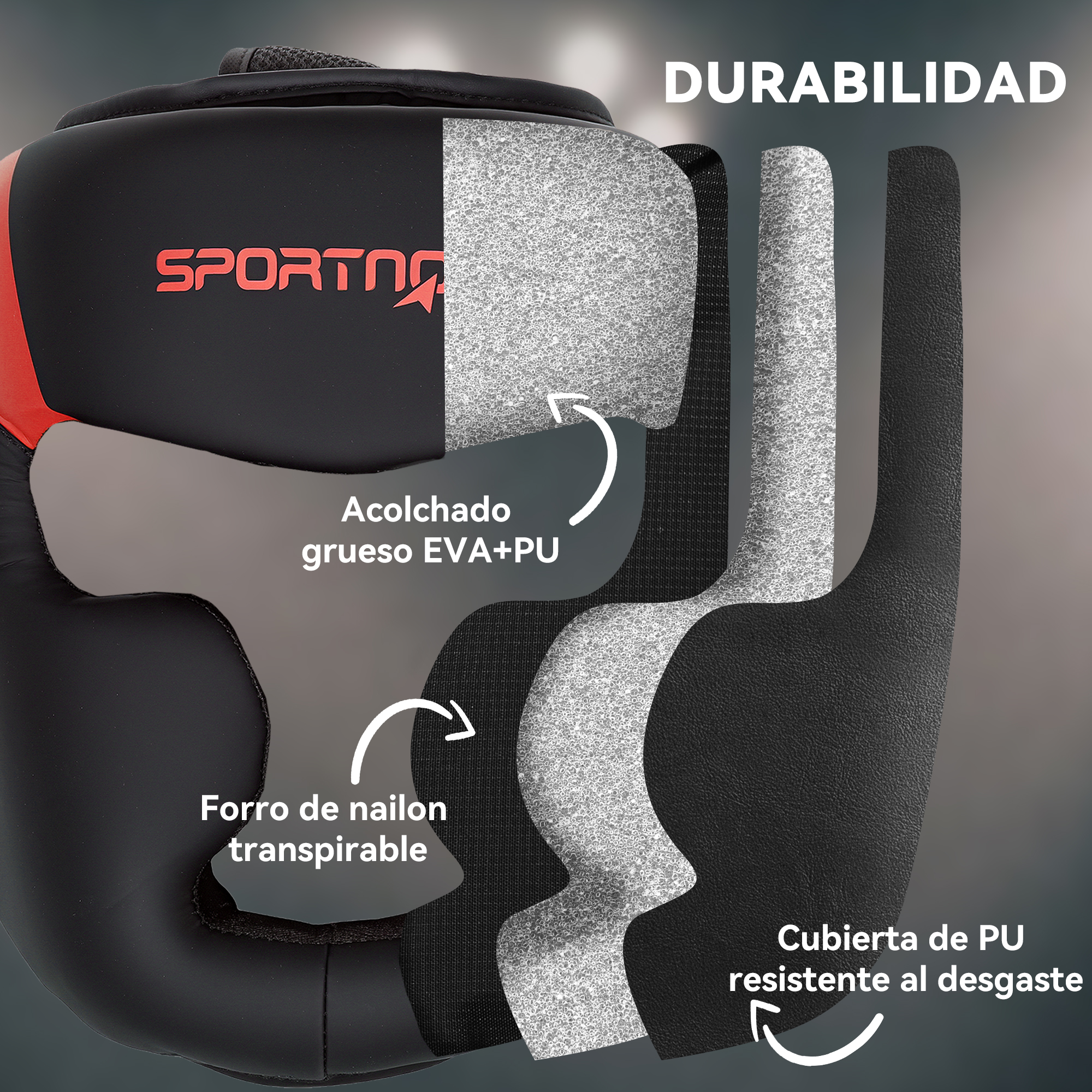 Diagrama de sección transversal de un casco negro. Muestra capas de acolchado y cubierta de PU duradera.