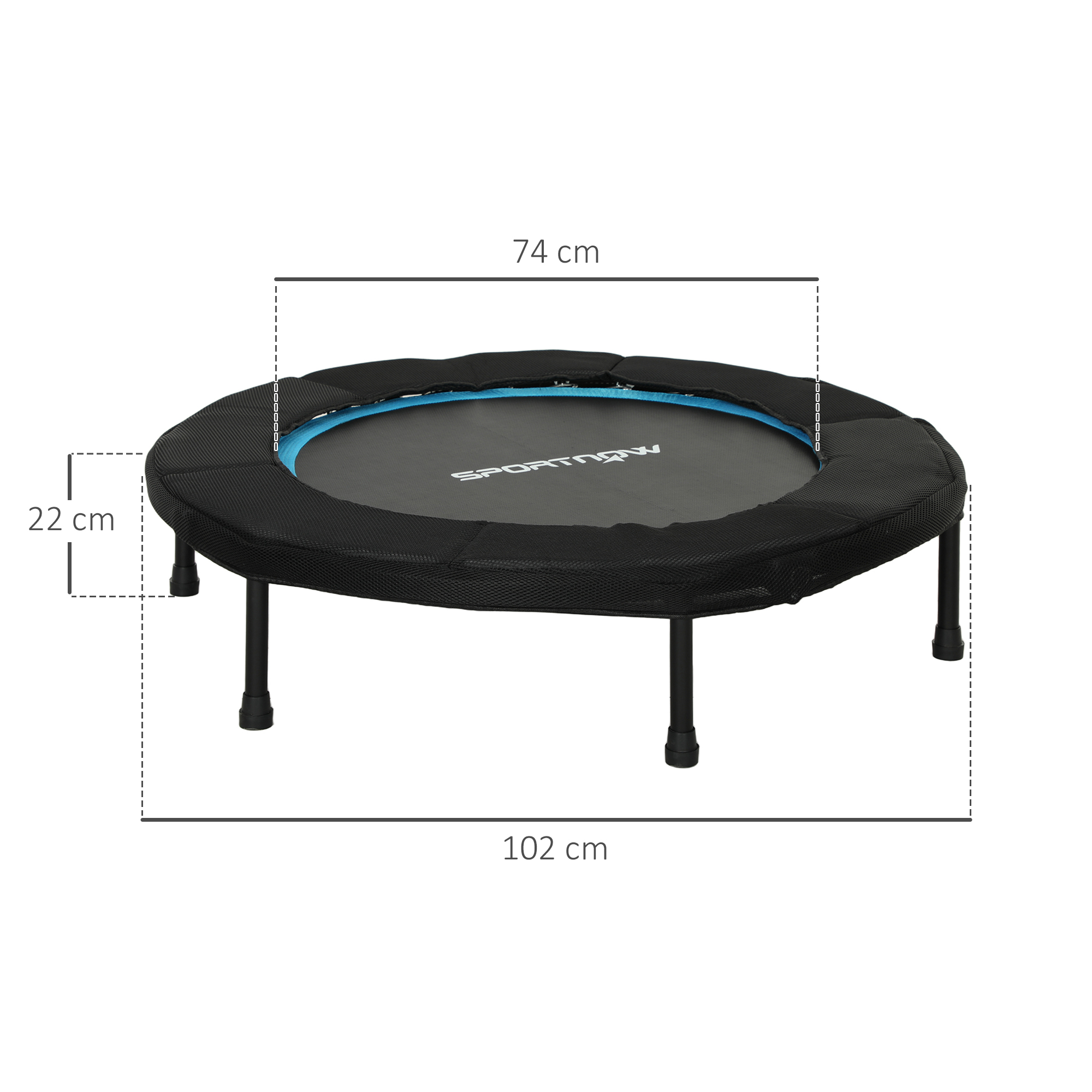 Un minitrampolín redondo negro con patas negras, con medidas de 102 cm de ancho, 74 cm de diámetro y 22 cm de altura.