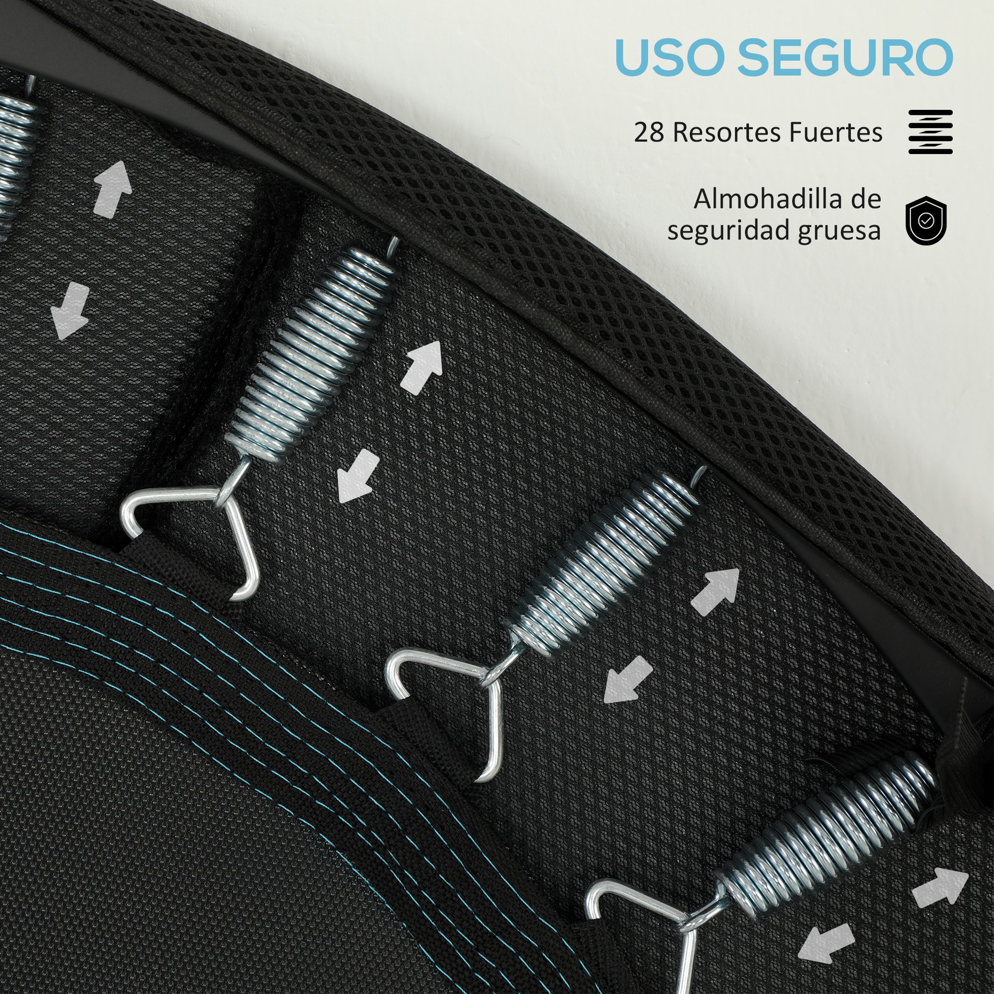 Primer plano de un trampolín negro con resortes y flechas. El texto dice que es seguro.