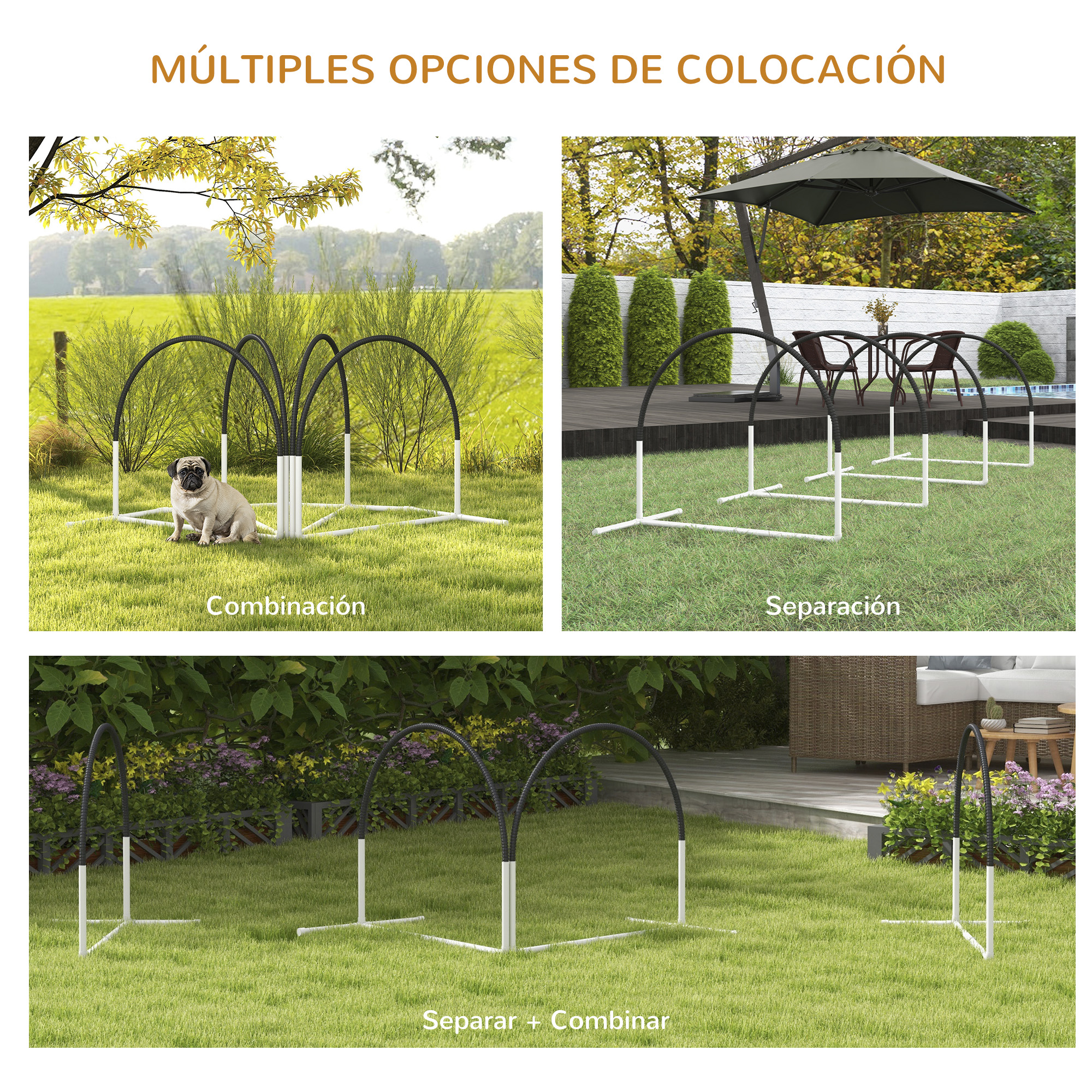 Un circuito de agilidad canina instalado sobre césped con varias configuraciones, junto con un pug.